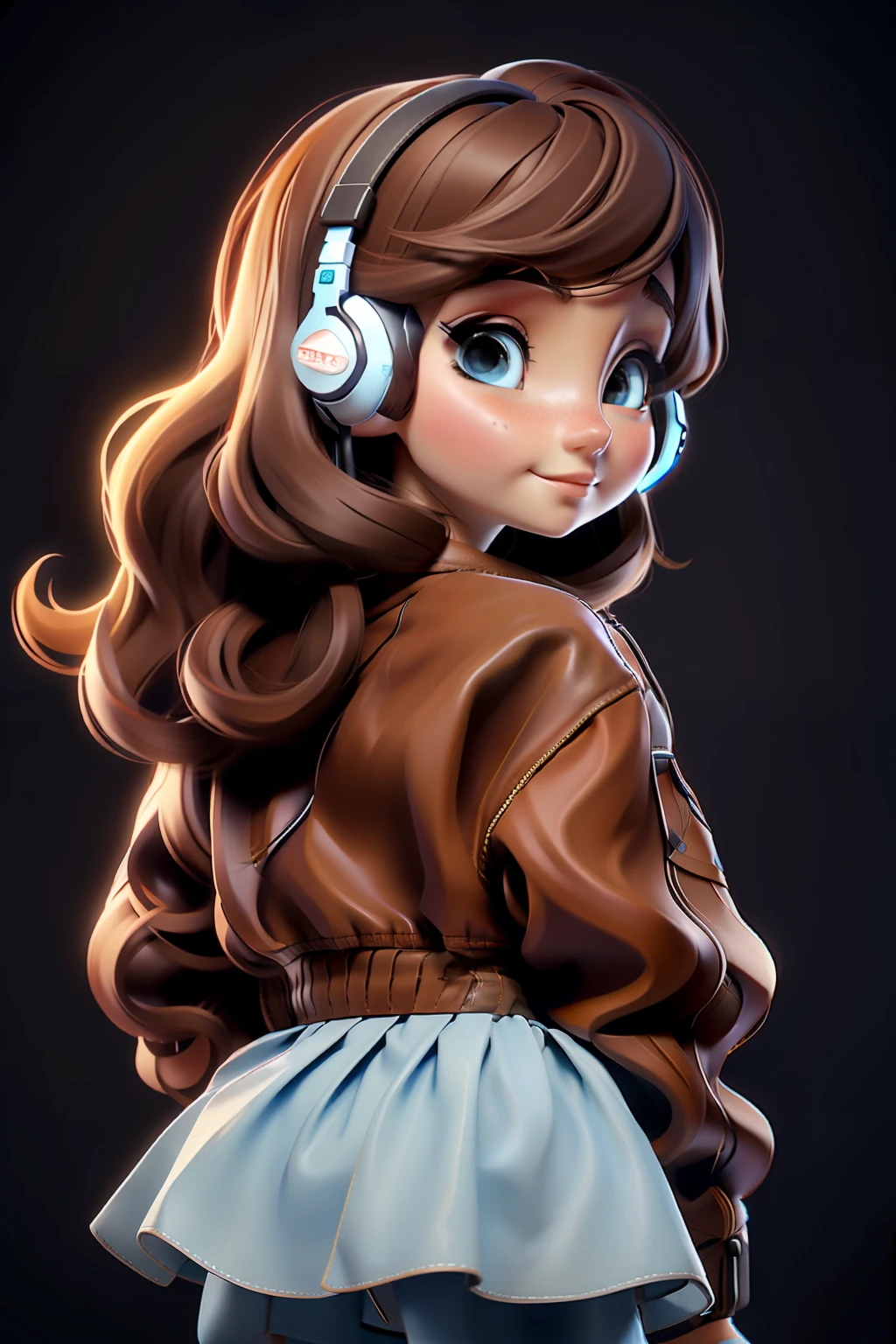 realistic anime style digital art of an 18 year old girl, bright light blue eyes, light brown hair, black skirt, bare legs, black polo shirt, brown leather jacket, looking up, 120 degree angle, using gamer headset, space scenery, floating in space, various other details, 16k ultra HD vivid colors masterpiece ultra cinematic resolution