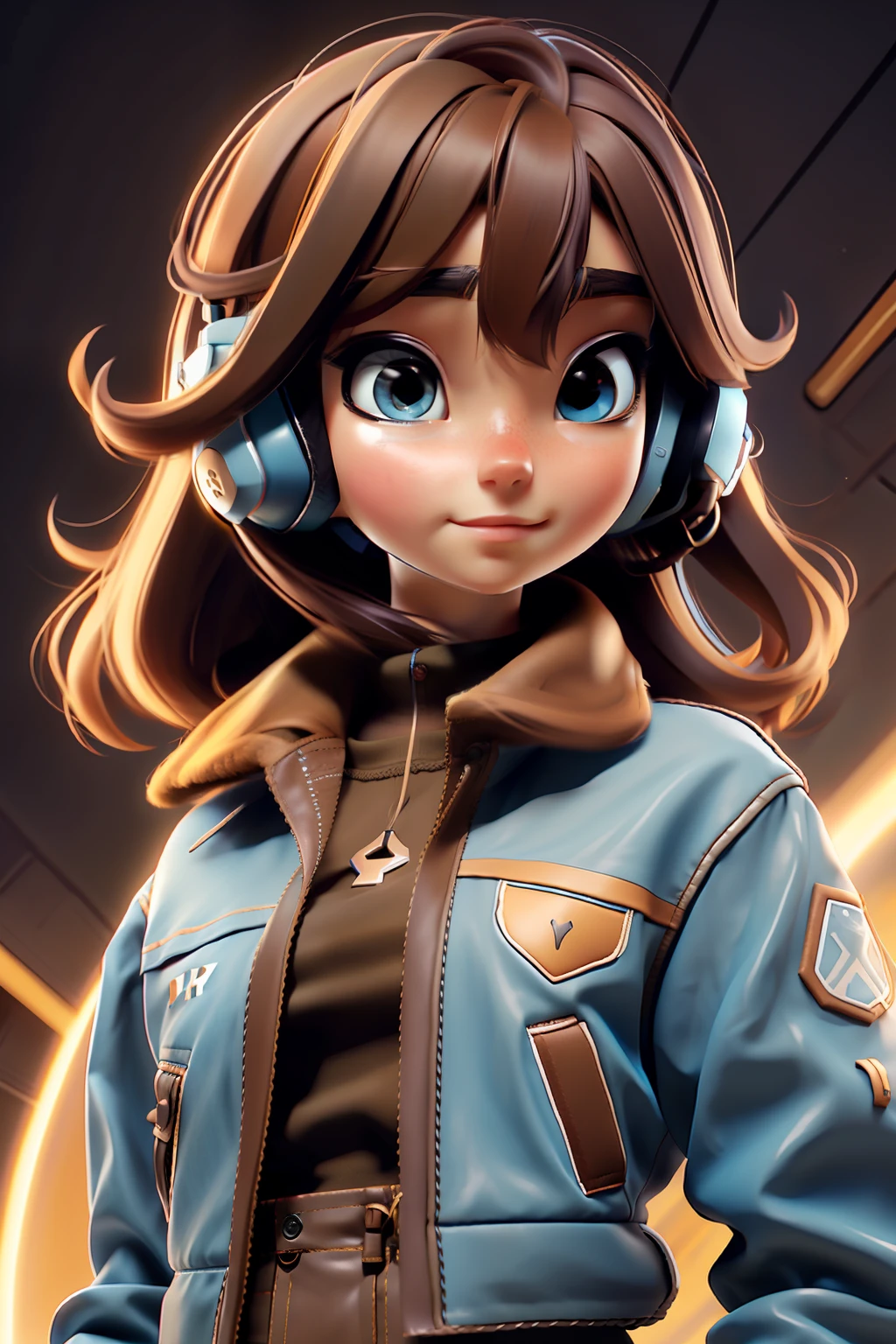 realistic anime style digital art of an 18 year old girl, bright light blue eyes, light brown hair, black skirt, bare legs, black polo shirt, brown leather jacket, looking up, 120 degree angle, using gamer headset, space scenery, floating in space, various other details, 16k ultra HD vivid colors masterpiece ultra cinematic resolution