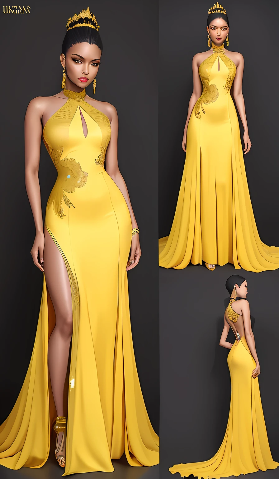 uma mulher com um vestido laranja na passarela , bordados em pedrarias roxas e cristais senhora usando vestido amarelo, arte digital de um elegante, mulher amarela bonita, usando um vestido amarelo, pose de perfil elegante, mulher no vestido, vestido dourado, usando um vestido elegante, senhora semi-virada em vestido de noite, pele amarela elegante, stunning digital illustration, Luxury fashion illustration long dress dress with long tail dress with slit