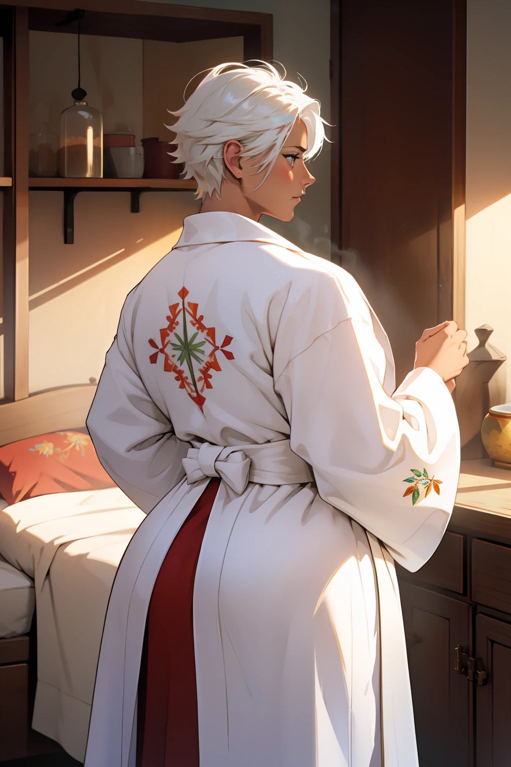 1woman, tanned skin, short white hair, muscular, (wearing embroidered robe), from behind pov