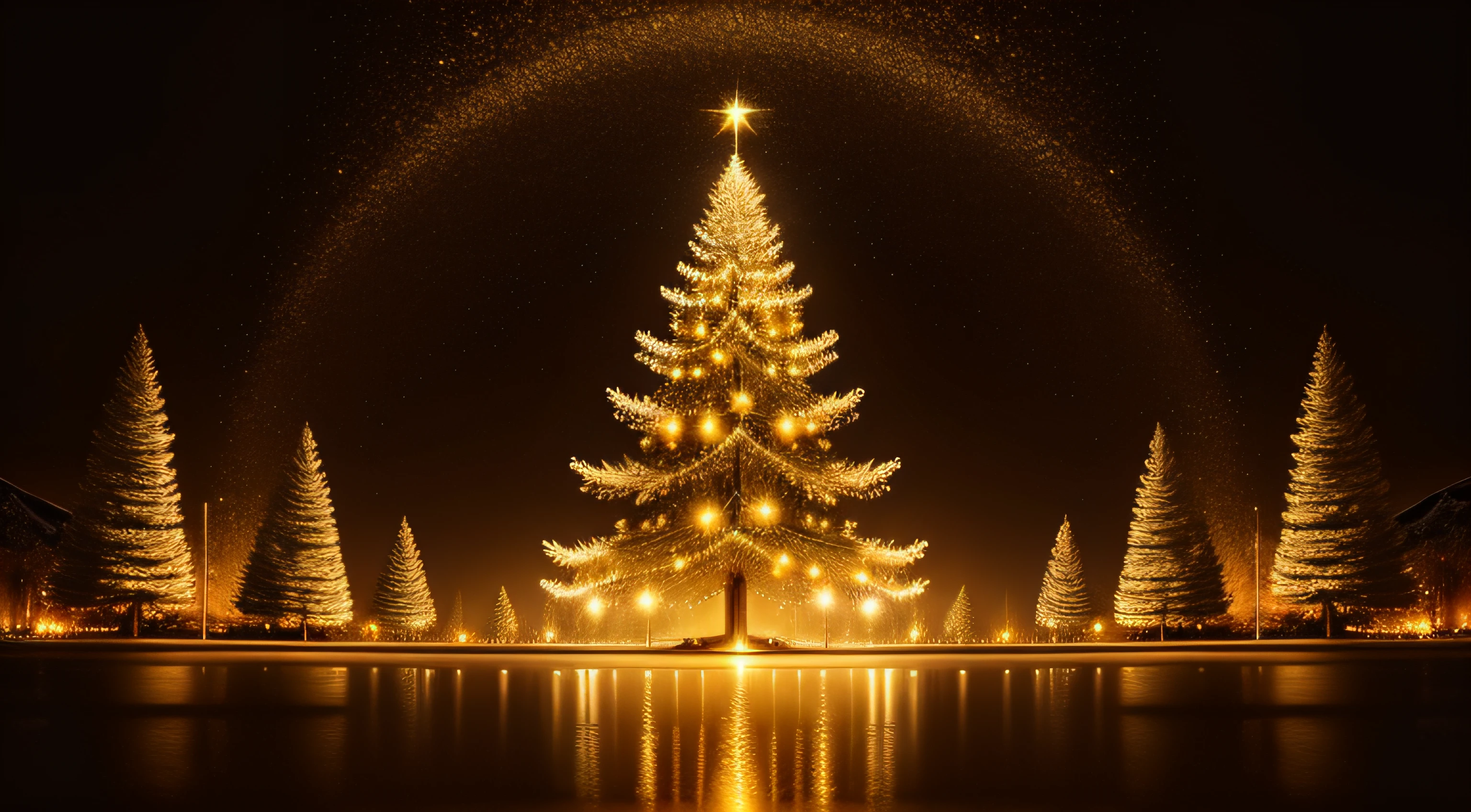 "Golden Christmas tree in an abstract nocturnal landscape"