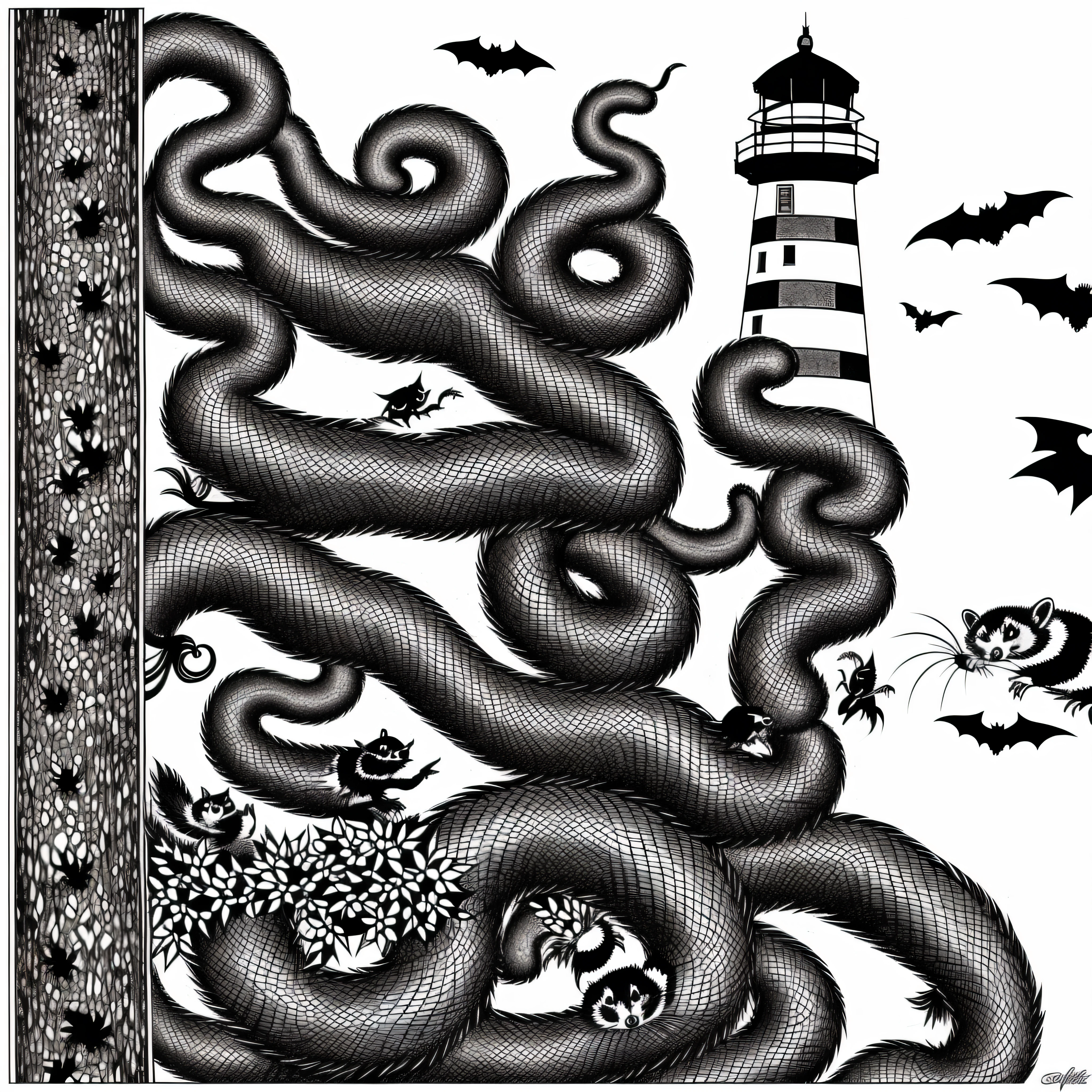 A lighthouse, Around the lighthouse are animals (bats, birds, raccoon, skunk, squirrel, snake and opossum), black white, ink, stencil, badge style, white background