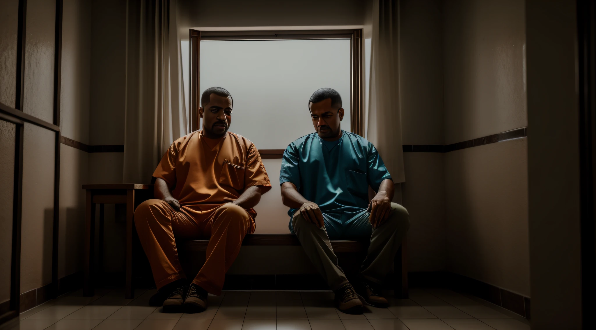 Two men in prison, desesperados, chorando, detalhado, 4k, realista