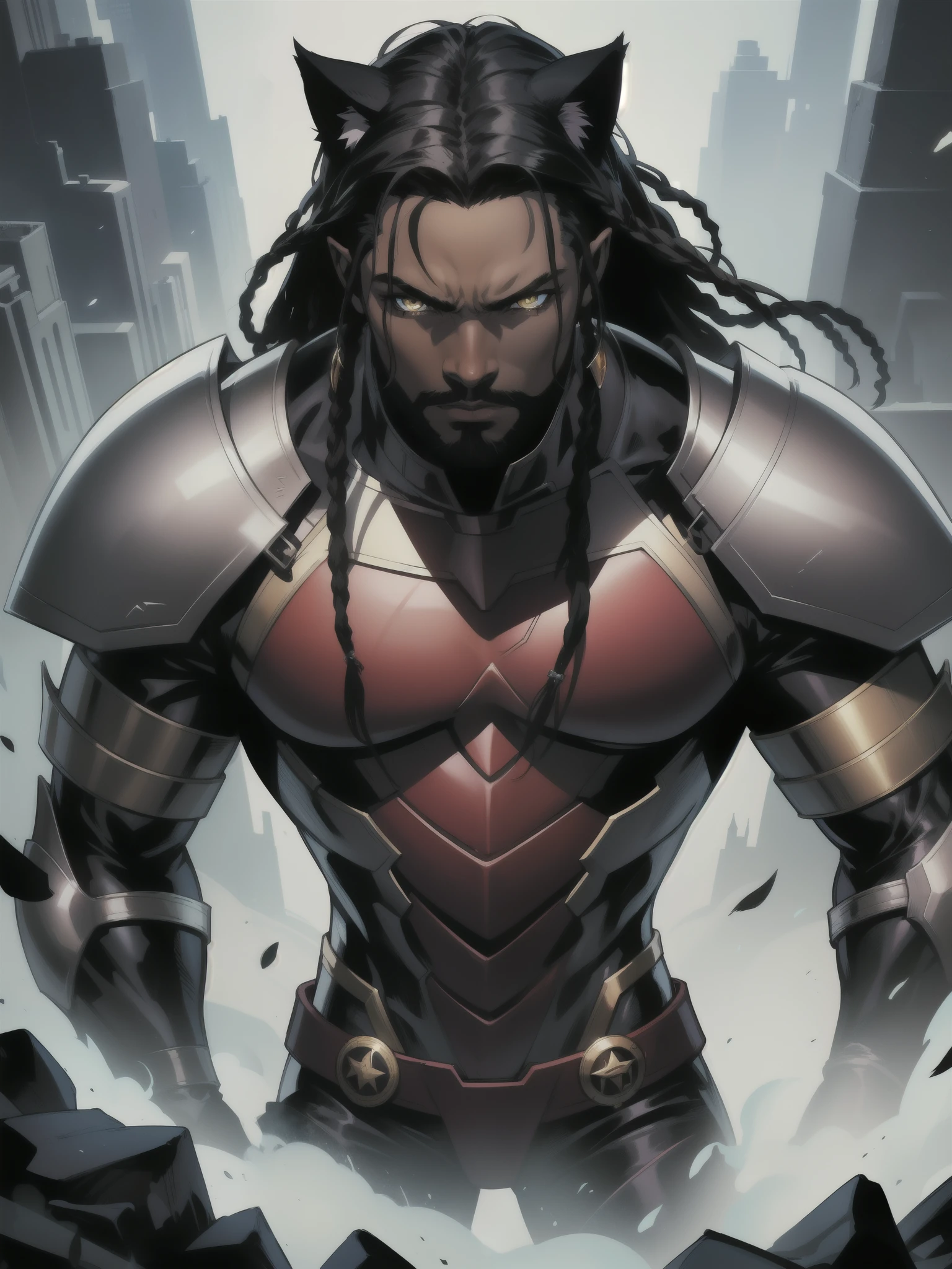 Portrait, Masterpiece, Excellent, 1boy, solo, complex details, color diffusion, comic book, anime, Marvel, DC, close-up, King, dark skin, ebony, brown skin, dark-skinned male, older male, dark hair, black hair, dreadlocks, beard, amber eyes, feline ears, epic attire, black attire, Knight, badass, trending, demon lord, anti-hero, royalty