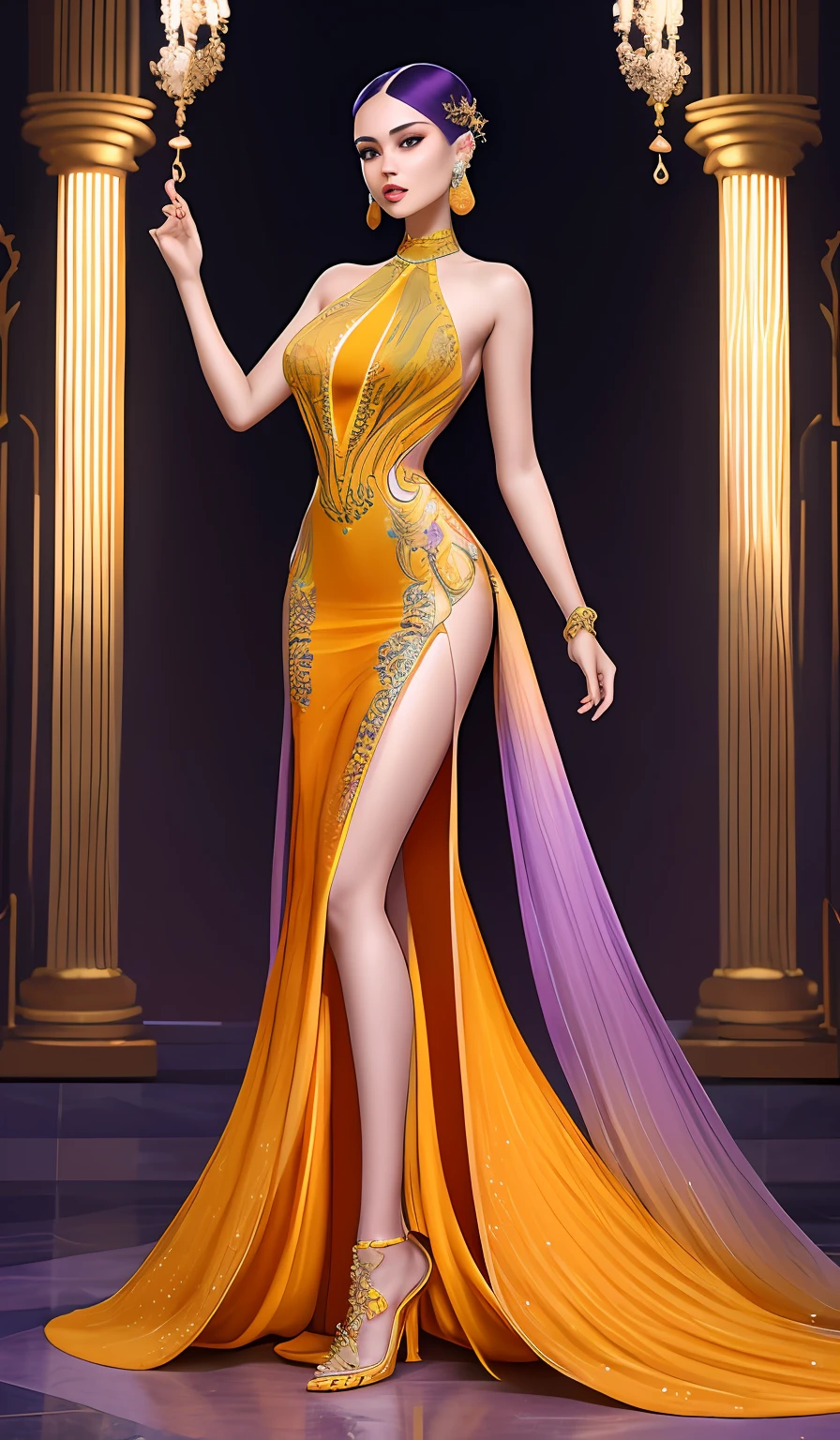uma mulher com um vestido laranja na passarela , Embroidery on purple stones and crystals lady wearing orange dress inspiration Guo Pei digital art of an elegant, mulher amarela bonita, usando um vestido amarelo, pose de perfil elegante, mulher no vestido, vestido dourado, usando um vestido elegante, senhora semi-virada em vestido de noite, pele amarela elegante, stunning digital illustration, Luxury fashion illustration long dress dress with long tail dress with slit