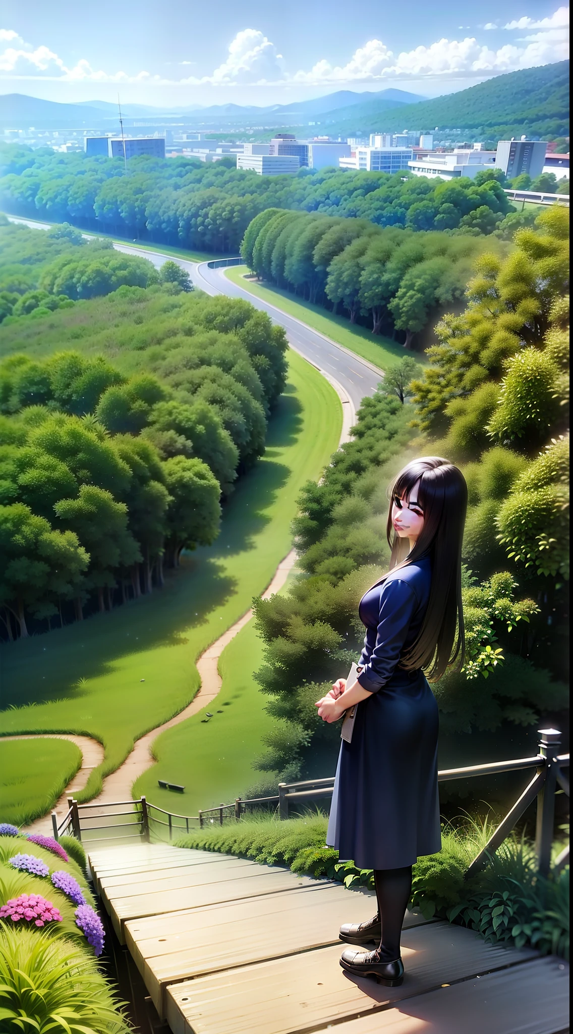 (Ultra High Resolution, Realistic, Best Quality, Realistic), (8K, Original Photo, Best Quality, Masterplece), (Photon Mapping, Radiometry, Physically Based Rendering, Auto White Balance), Real People, Photo, Bridge, Architecture, Jungle, City, Cloud, Sky, Gate, Fence, Field, Orest, Garden, Grass, House, Hydrangea Mountain, Nature, Uninhabited, Outdoor, Path, Plant, Potted Plant, Purple Flower, Road, Landscape, Sky, Skyscraper, traditional_ media, tree,