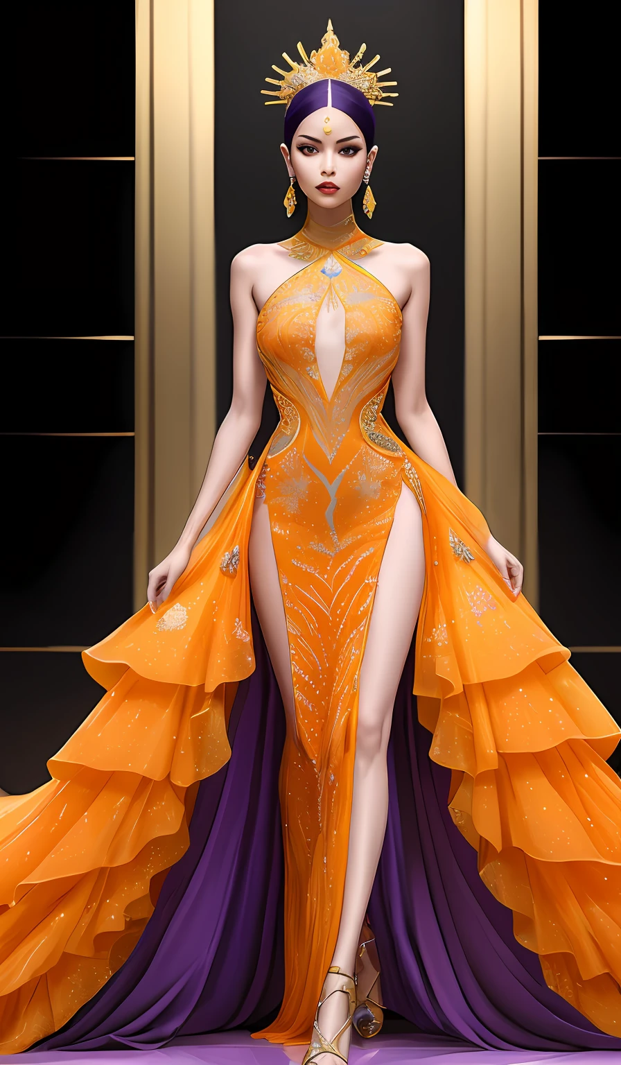 uma mulher com um vestido laranja na passarela , Embroidery on purple stones and crystals lady wearing orange dress inspiration Guo Pei digital art of an elegant, mulher amarela bonita, usando um vestido amarelo, pose de perfil elegante, mulher no vestido, vestido dourado, usando um vestido elegante, senhora semi-virada em vestido de noite, pele amarela elegante, stunning digital illustration, Luxury fashion illustration long dress dress with long tail dress with slit