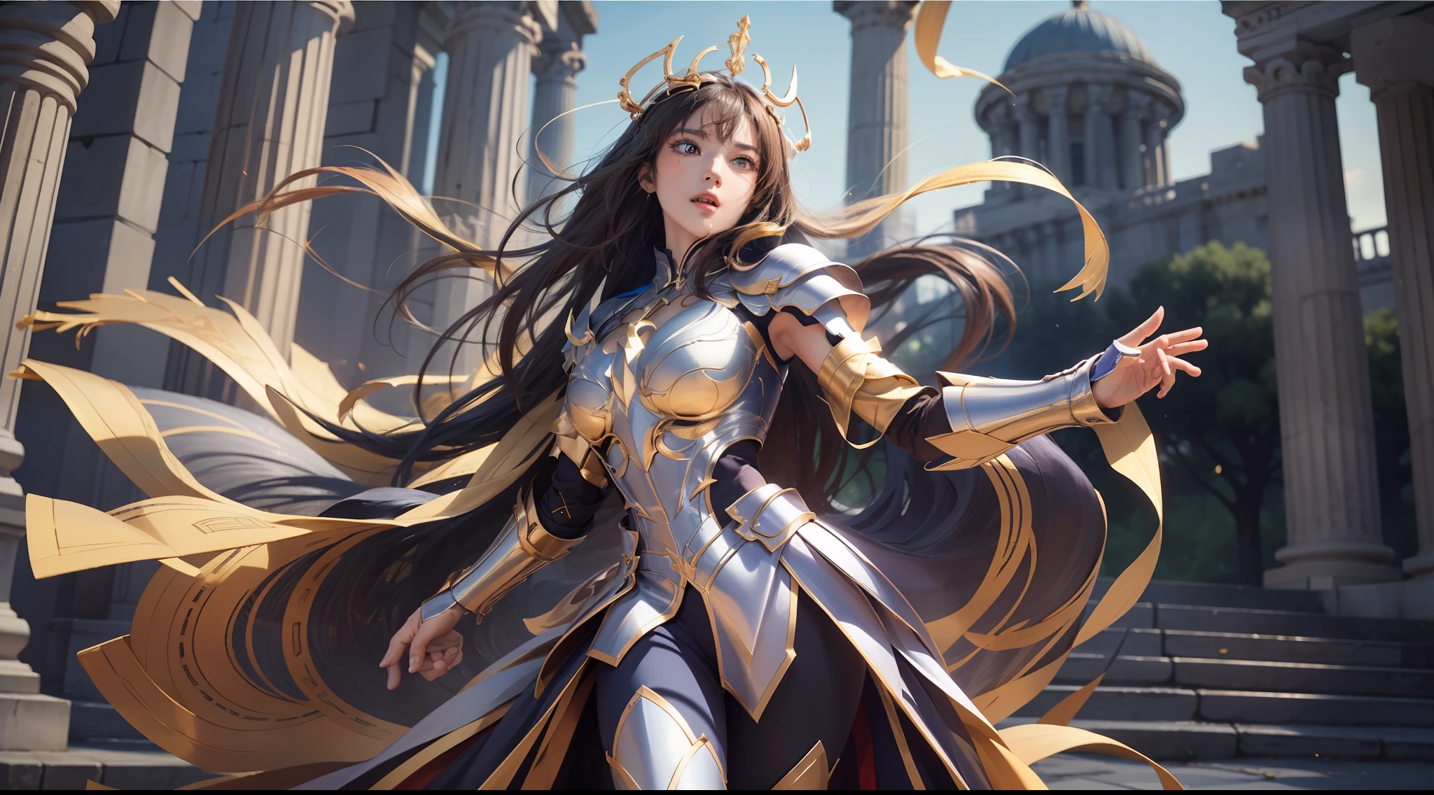 (Extremely detailed Cg Unity 8K wallpaper,Masterpiece, Best quality, Ultra-detailed, Beautiful detailed eyes:1.2),Best illumination, (Best shadow, An extremely delicate and beautiful, full bloom), 1girll,Solo,Large breasts，Heavy armor，complex patterns，Long hair,Film filter, Greek temple，dramatics，dynamicposes，illusory engine， (High detail: 1.9)，Starcloud，the night，torchan，full body shot shot，dynamicposes，dramatics