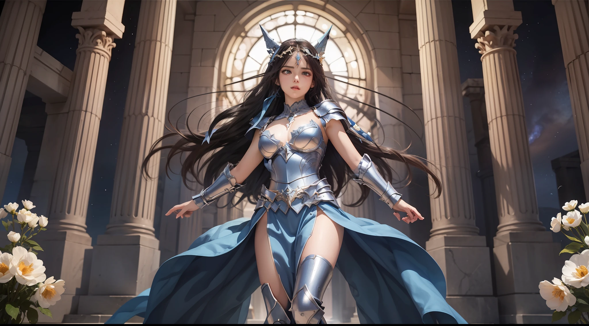 (Extremely detailed Cg Unity 8K wallpaper,Masterpiece, Best quality, Ultra-detailed, Beautiful detailed eyes:1.2),Best illumination, (Best shadow, An extremely delicate and beautiful, full bloom), 1girll,Solo,Large breasts,Heavy armor,complex patterns,Long hair,Film filter, Greek temple,dramatics,dynamicposes,illusory engine, (High detail: 1.9),Starcloud,the night,torchan,full body shot shot,dynamicposes,dramatics