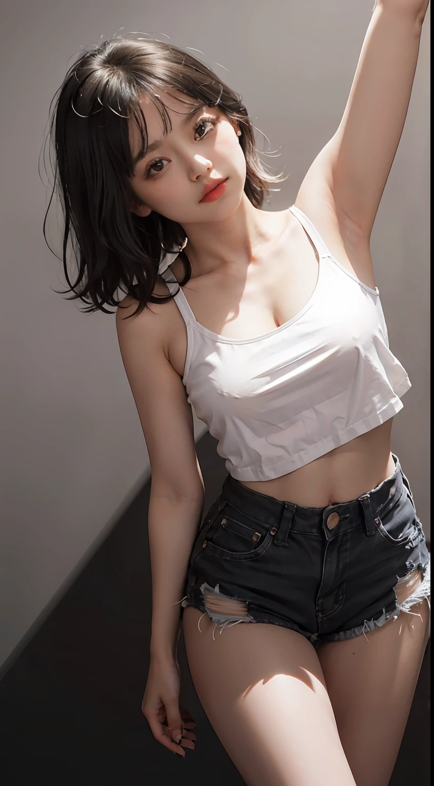 Kizi， By bangs， exposed bare shoulders，raised arm，Leakage of the armpits， Black shorts， super giant breast， Breasts squeezed together，White mini-short top， greybackground， hair between eye，， long whitr hair， Super short pants， parted lip， red eyes， simplebackground，， 独奏， Full body photo