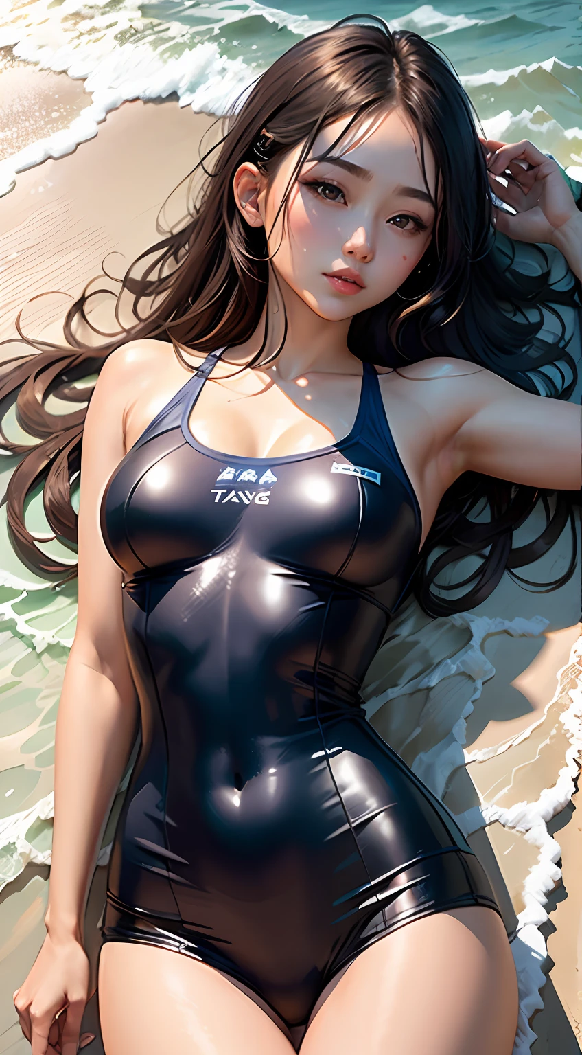 beachside,starrysky,China-style,long leges,Full body like,rays of sunshine,moisty,drenched all over the body,playing water,eventide,Burning clouds,baiyun,shoreline,Bigchest,比基尼,long whitr hair,wave,short detailed hair,lipsticks,Slim figure,eye shadows,Beautiful face,Side Body,lying on her side,hyper realisitc,Realistic painting style,swimming uniform,realistic space,sandbeach