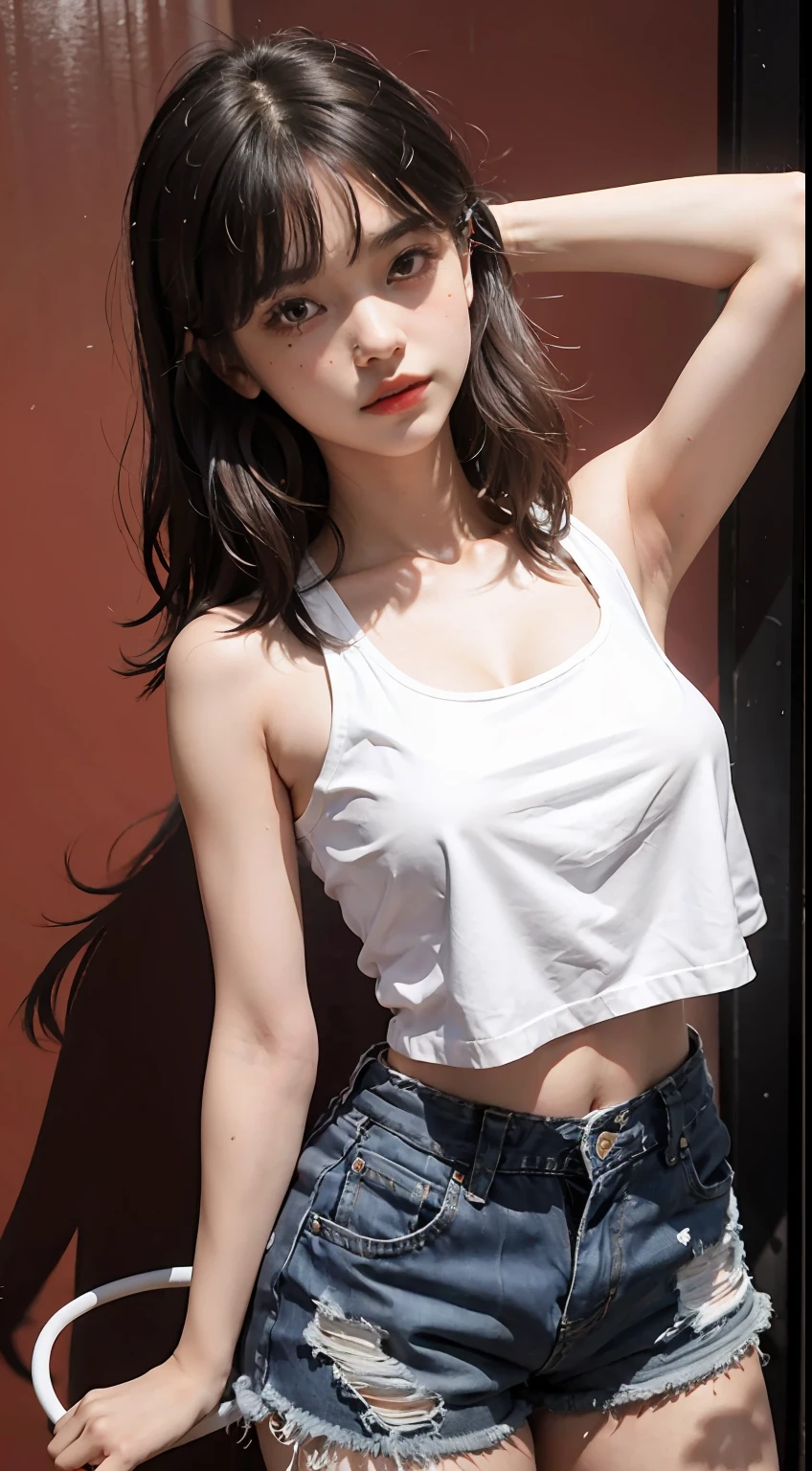 Kizi, By bangs, exposed bare shoulders,raised arm,Leakage of the armpits, Black shorts, super giant breast, Breasts squeezed together,White mini-short top, greybackground, hair between eye,, long whitr hair, Super short pants, parted lip, red eyes, simplebackground,, 独奏, Full body photo