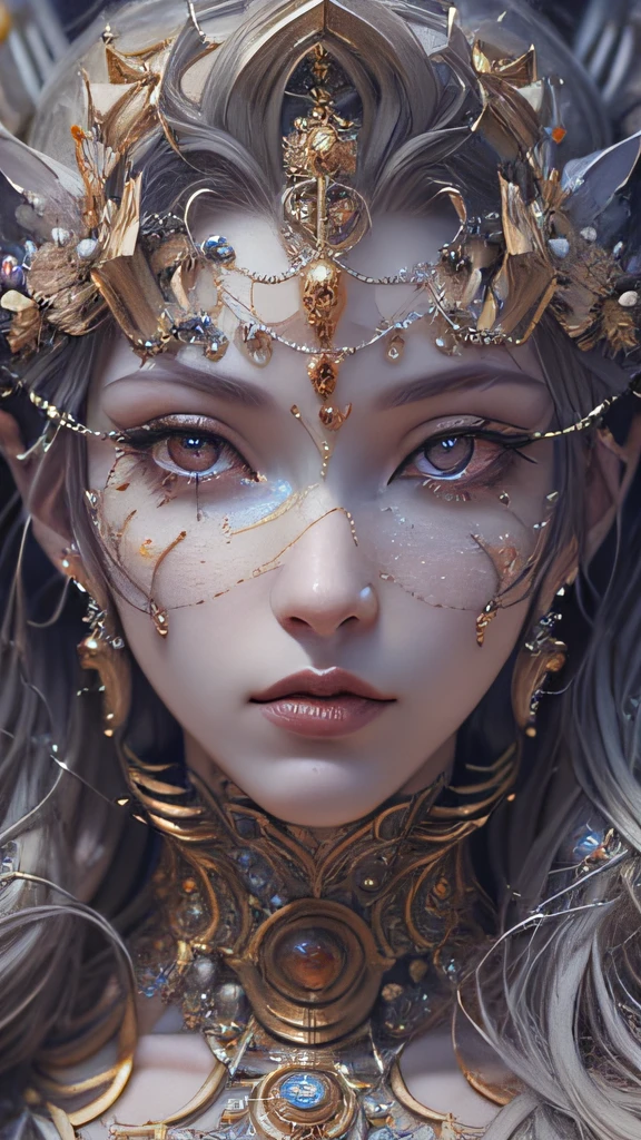 (((Body Portrait)))、（best qualtiy，ultra - detailed，Most Best Illustration，Best Shadow，tmasterpiece，hight resolution，professionalartwork，famousartwork），Detailed eyes，beautidful eyes，closeup cleavage，sci-fy，colored sclera，Robotic eyes，face markings，tattooed，（fractalized，Fractal Eye），largeeyes，wide eyes，（Eye focus），sface focus，the eye of the universe，Close up of metal sculpture of woman with moon in hair，goddes。extremely high detail，goddess portrait，Highly detailed footage of the goddess，a stunning portrait of a goddess，Side image of the goddess，portrait of a beautiful goddess，(Full body close-up of goddess)，Goddess of Hecate，portrait of a norse moon goddess，goddess of space and time、((​masterpiece、top-quality、ultra-definition、hight resolution))、4K picture quality、