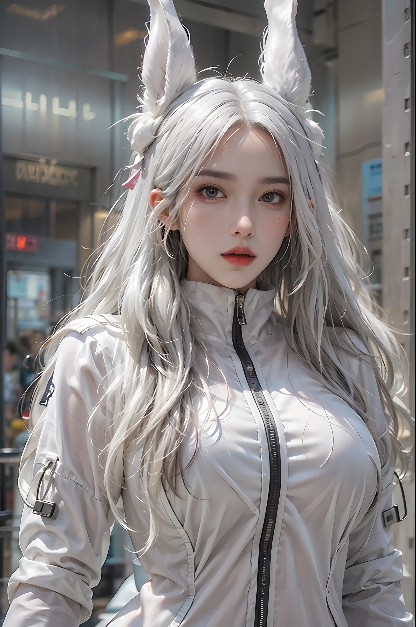 photorealistic, high resolution, 1women, solo, hips up, look at viewer, (detailed face), white hair, long hair, reverse bunnysuit