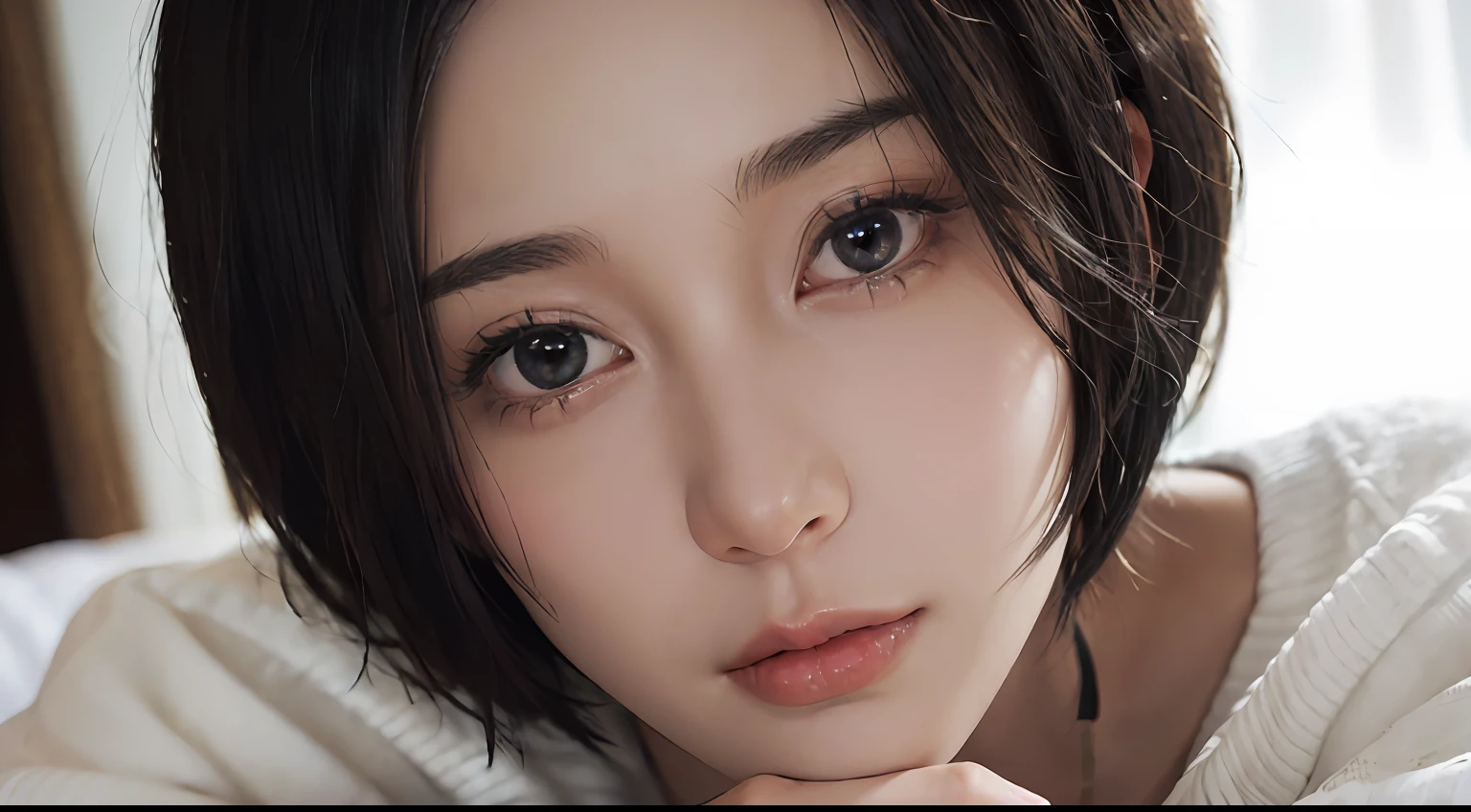 (masterpiece:1.3), (8k, photorealistic, RAW photo, best quality: 1.4), (1girl), beautiful face, (realistic face), (black hair, short hair:1.3), beautiful hairstyle, realistic eyes, beautiful detailed eyes, (realistic skin), beautiful skin, (sweater), absurdres, attractive, ultra high res, ultra realistic, highly detailed, golden ratio