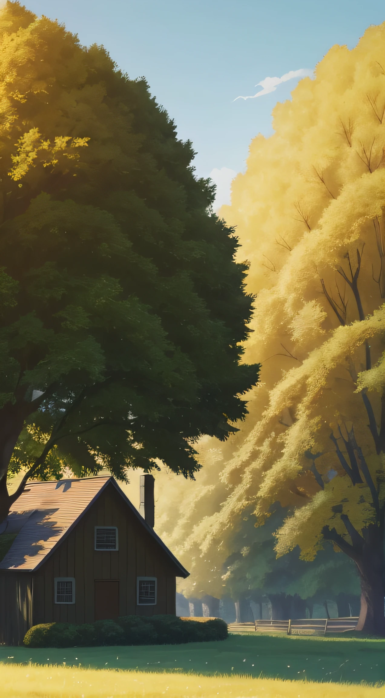 Painting houses in fields with trees and fences, anime lush john 8k woods, studio ghibli sunlight, anime countryside landscape, Anime Nature, arte de fundo, atey ghailan 8 k, anime nature wallpap, Ghibli Studio Environment, roofed forest, View of Ghibli Studio, Anime background art, anime backgrounds, anime landscape wallpapers。The proportion of houses is reduced,Add some critters to the ground,Don't make up too much