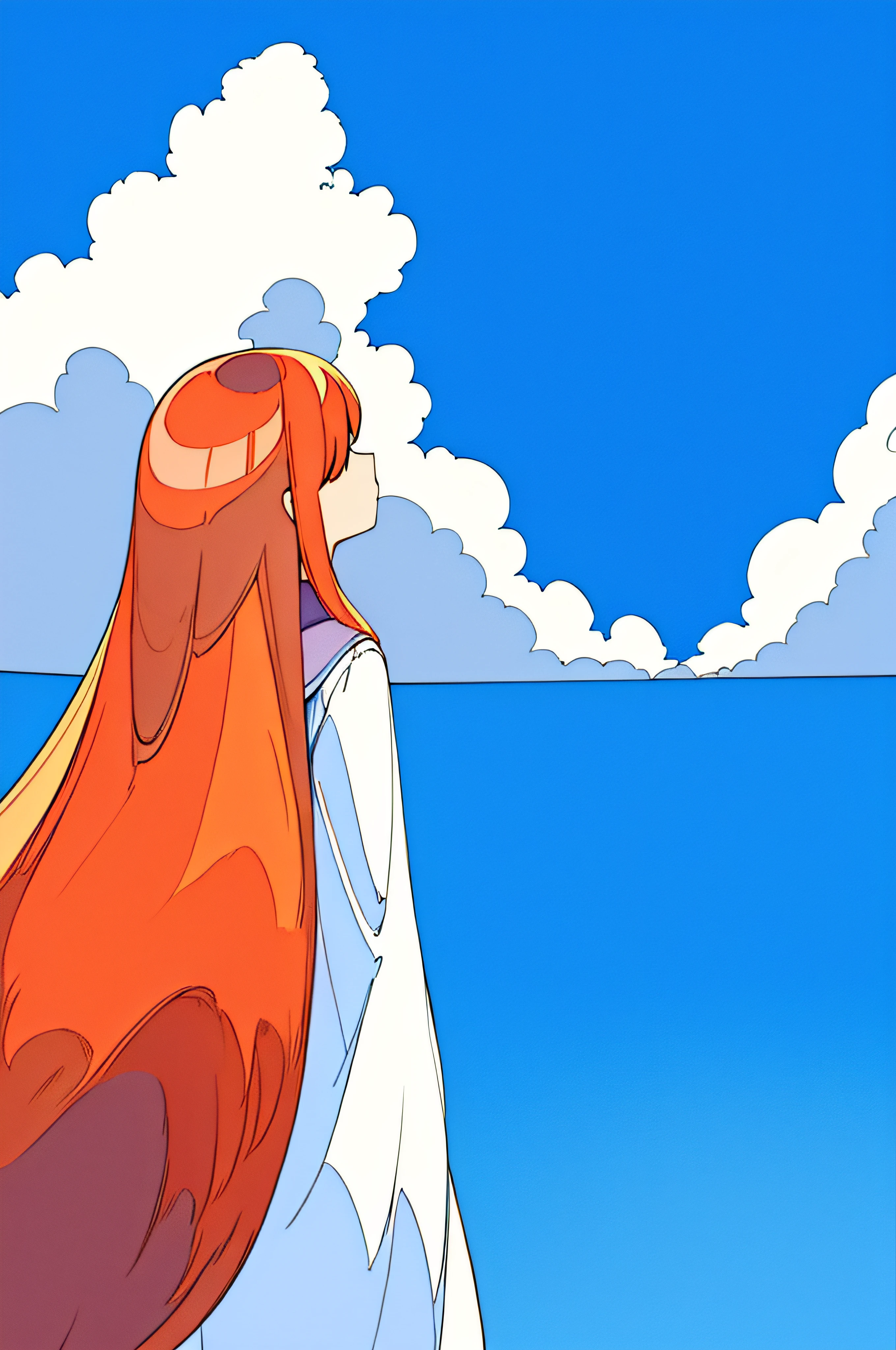 Simple，quadratic element，No complicated lines，illustratio，The whole picture is blue sky and white clouds on the plain，Then a girl with long orange hair stood on the plain。，Look up，