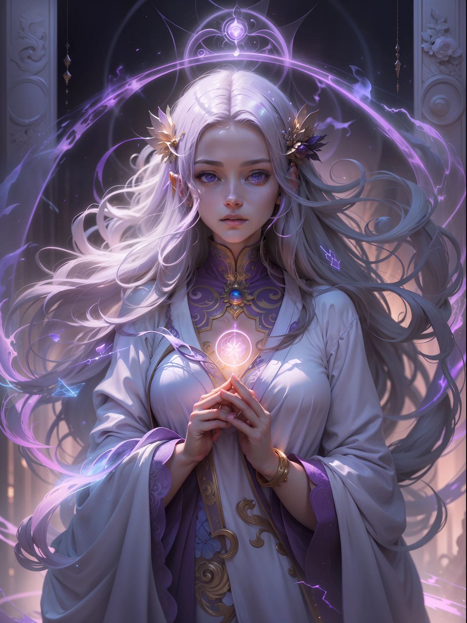 Picture quality：A masterpiece of high detail,8K,High resolution Body content：1girll,16 yaers old,Full body position, Broad perspectives，wears a long robe，Glowing hair，long leges，A stunned and confused expression on his face，The purple magic wheel unfolded behind it，Behind him is the mysterious oversized purple chakra purple light，Countless glowing quicksand swirled around this figure，Mysterious top light，The feeling of being high，Background with：A dazzling paradise，enviroment：fanciful，Full of mystery，Buddha is filled with purple light，utopian，Bask in the breath of chaos，Hopeful，Divine piety，mystical ambiance：Mysterious and unknowable sense of light，Intense violet light，Magic beam，The fantasy of the future world is intertwined with reality，Color：Infused with ethereal hues and luminous purple hues，White-blue，High purity color， composition：closeup cleavage，closeup of face， Style reference:Virtual Engine，The magical texture of a spooky spark，Chaotic real world
