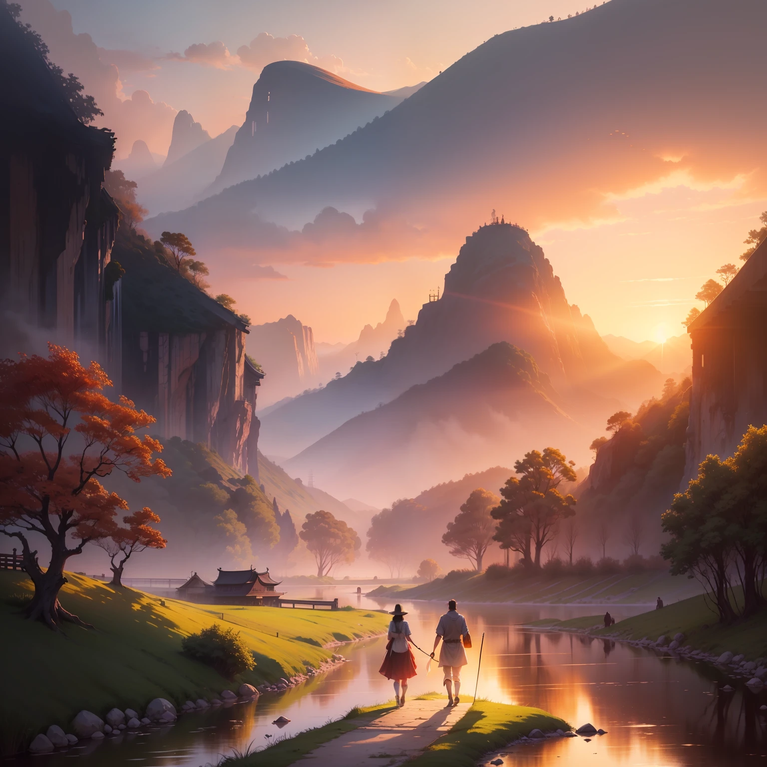 painting of a sunset scene with a couple walking along a river, romantic landscape, romanticism landscape painting, mystical scene, inspired by watercolor Chinese paint,chinalandscape, fantasy landscape, fantasy scene, sunset in a valley,
