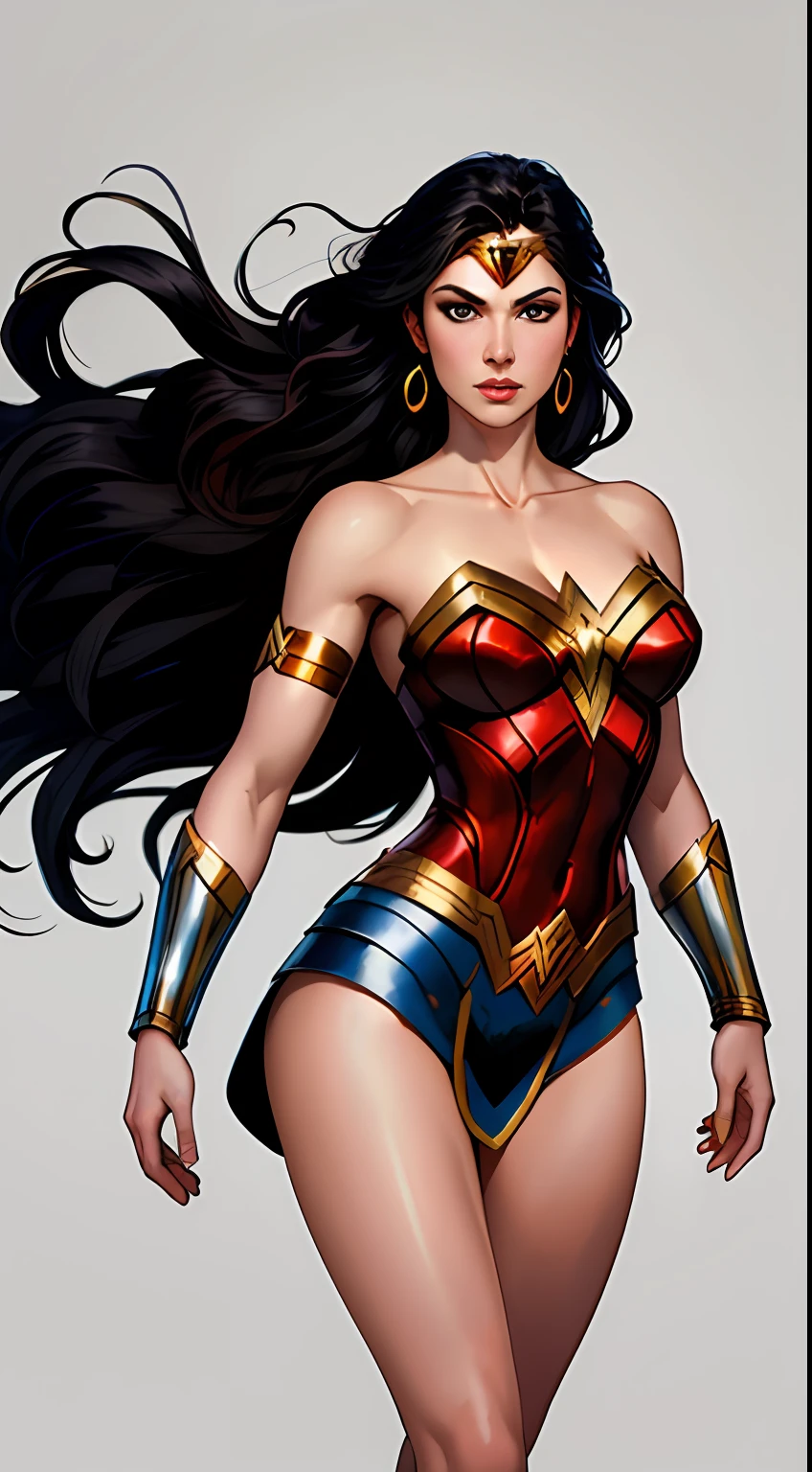 wonder woman, (pretty face:1.2), (finely detailed face and beautiful eyes), mature female, muscle, bare hands, (armlet, armored dress, bracer, head ring ), (black eyes, black long hair, messy hair, floating hair), (long proportional legs), (best quality:1.1),(clear background:1.2), dark_fantasy, wind, 35mm lens, f/1.4, 8K, ((masterpiece)), trending on Artstation, DeviantArt, Mucha, Rutkowski, artgerm