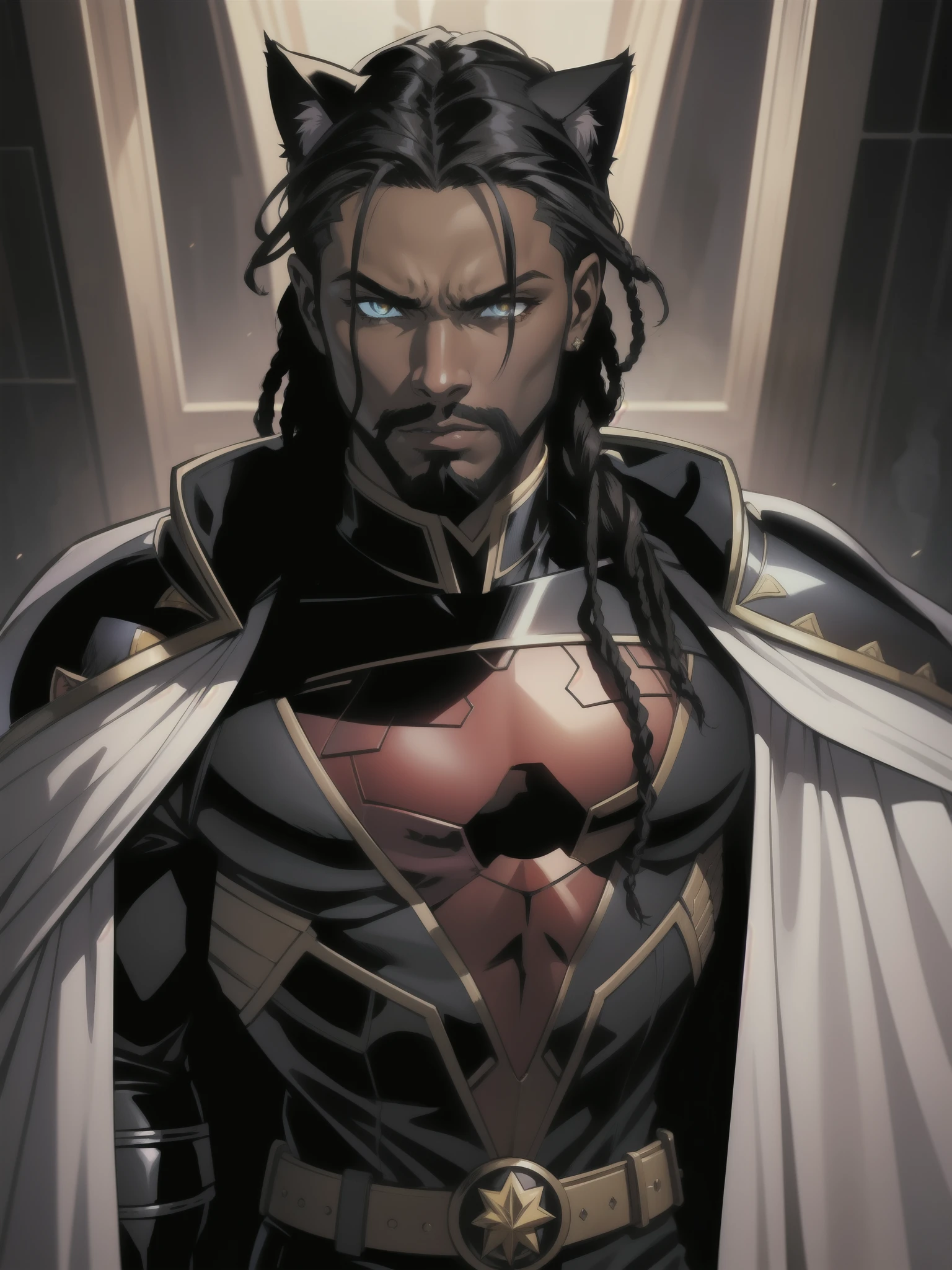Portrait, Masterpiece, Excellent, 1boy, solo, complex details, color diffusion, comic book, anime, Marvel, DC, close-up, King, dark skin, ebony, brown skin, dark-skinned male, older male, dark hair, black hair, dreadlocks, beard, amber eyes, feline ears, epic attire, black attire, Knight, badass, trending, demon lord, anti-hero, royalty
