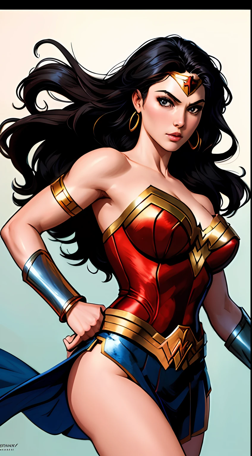 wonder woman, (pretty face:1.2), (finely detailed face and beautiful eyes), mature female, muscle, bare hands, (armlet, armored dress, bracer, head ring ), (black eyes, black long hair, messy hair, floating hair), (long proportional legs), (best quality:1.1),(clear background:1.2), dark_fantasy, wind, 35mm lens, f/1.4, 8K, ((masterpiece)), trending on Artstation, DeviantArt, Mucha, Rutkowski, artgerm