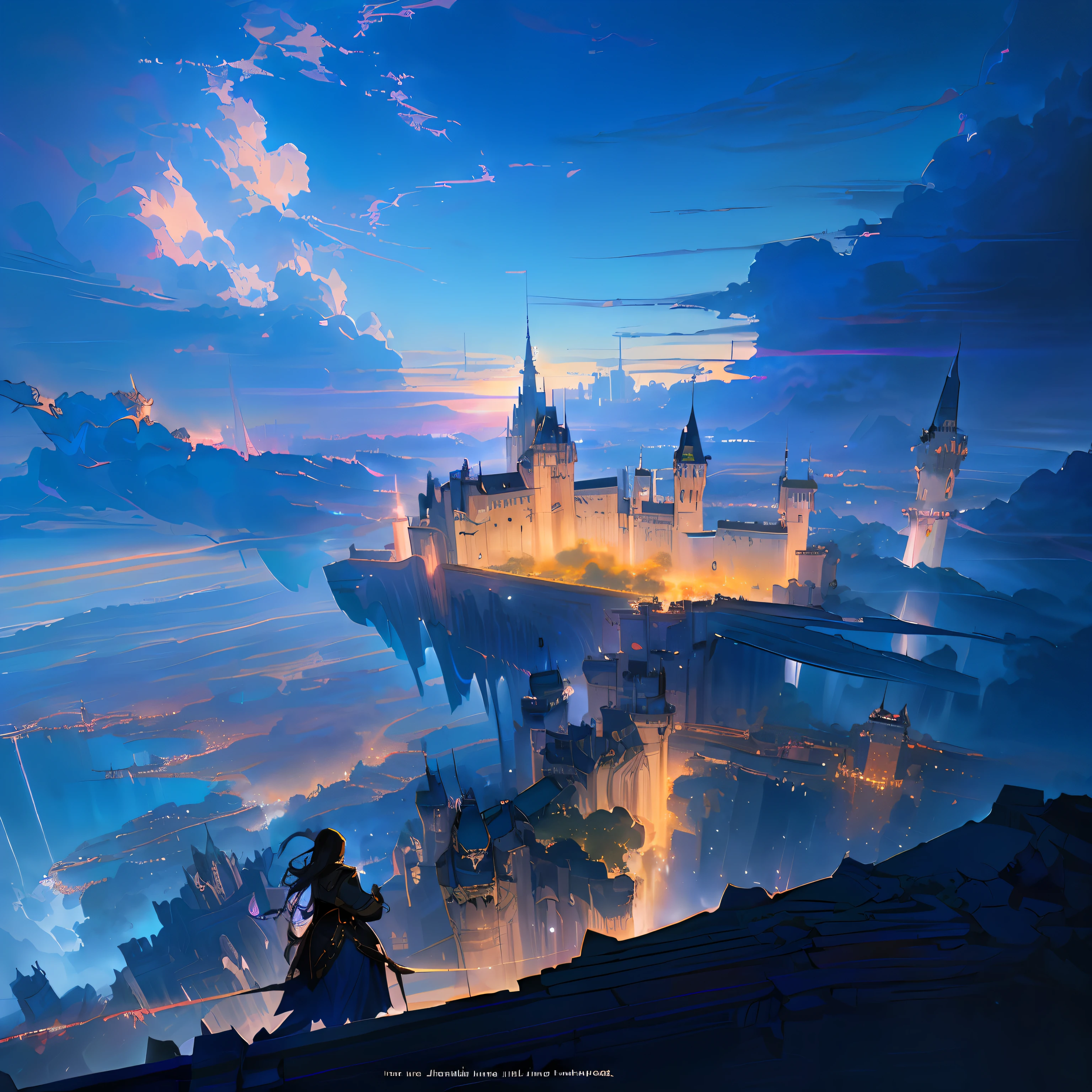 Anime, castle, girl, Night, city, skyporn, Moon, Clouds, 2. 5 d cgi anime fantasy artwork, In front of Fantasy City, anime fantasy artwork, anime fantasy illustration, anime epic artwork, andreas rocha and john howe, andreas rocha style, beautiful fantasy anime, magical fantasy 2 d concept art, cushart krenz key art feminine