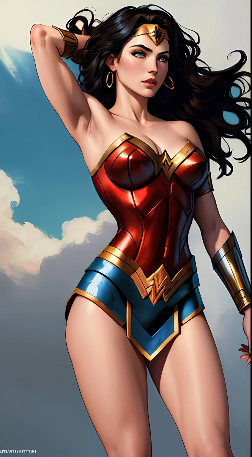 wonder woman, (pretty face:1.2), (finely detailed face and beautiful eyes), mature female, muscle, bare hands, (armlet, armored dress, bracer, head ring ), (black eyes, black long hair, messy hair, floating hair), (long proportional legs), (best quality:1.1),(clear background:1.2), dark_fantasy, wind, 35mm lens, f/1.4, 8K, ((masterpiece)), trending on Artstation, DeviantArt, Mucha, Rutkowski, artgerm