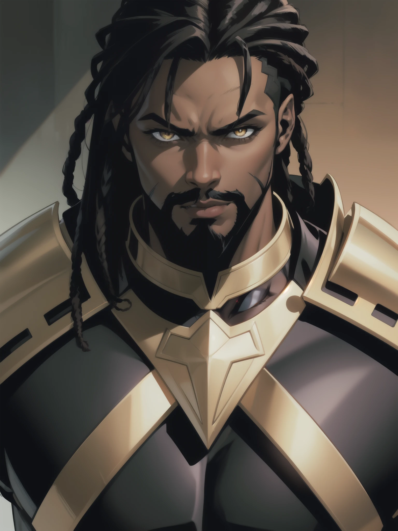 Portrait, Masterpiece, Excellent, 1boy, solo, complex details, color diffusion, comic book, anime, Marvel, DC, close-up, King, dark skin, ebony, brown skin, dark-skinned male, older male, dark hair, black hair, dreadlocks, beard, amber eyes, feline ears, epic attire, black attire, Knight, badass, trending, demon lord, anti-hero, royalty