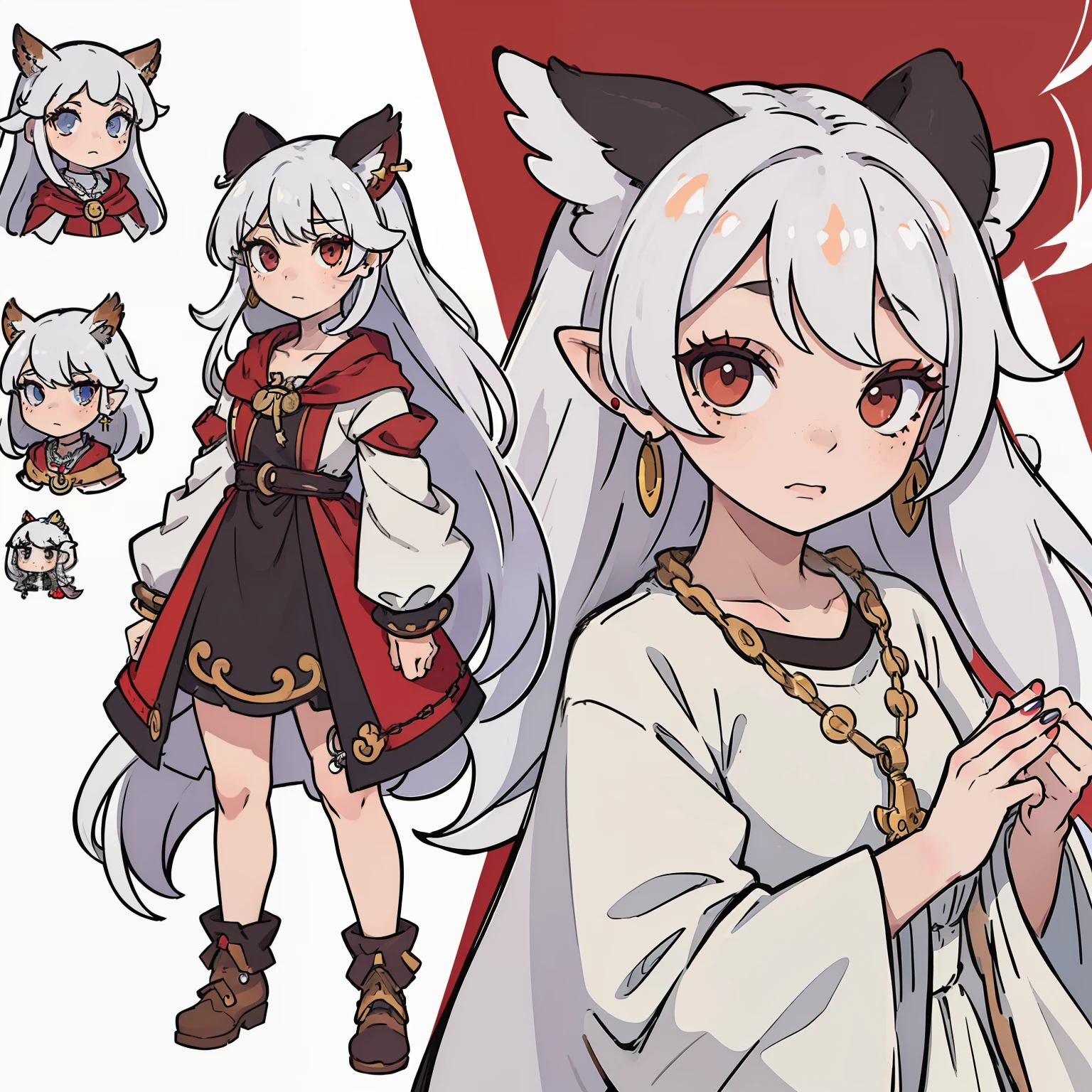 (((masterpiece))),(((best quality))),((character design sheet, character design sheet, character concept sheet, character design, character concept, character reference sheet, same character, same design, front, back, side, close up, full body, multiple expressions)), illustration, 1 girl, owl kemonomimi, owl girl, feather ears, long hair, spikey long hair, one fang, oval eyes, long flowing sleeves, dress, drooping sleeves, white hair, red highlights in hair, painted nails, jewelry on dress, earrings on feathered ears, chains on the dress, shackles on wrist, anime girl, no regular ears, only feathered ears, freckles on face