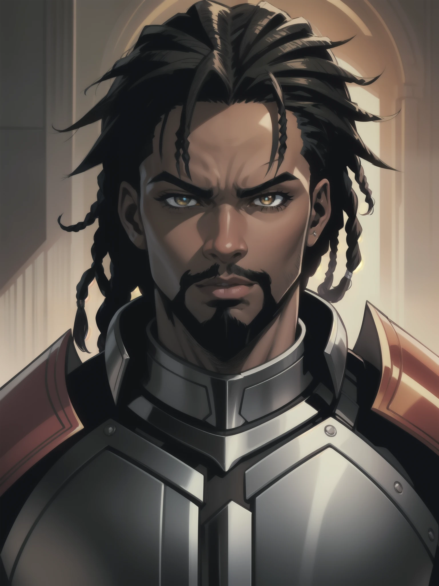 Portrait, Masterpiece, Excellent, 1boy, solo, complex details, color diffusion, comic book, anime, Marvel, DC, close-up, King, dark skin, ebony, brown skin, dark-skinned male, older male, dark hair, black hair, dreadlocks, beard, amber eyes, feline ears, epic attire, black attire, Knight, badass, trending, demon lord, anti-hero, royalty