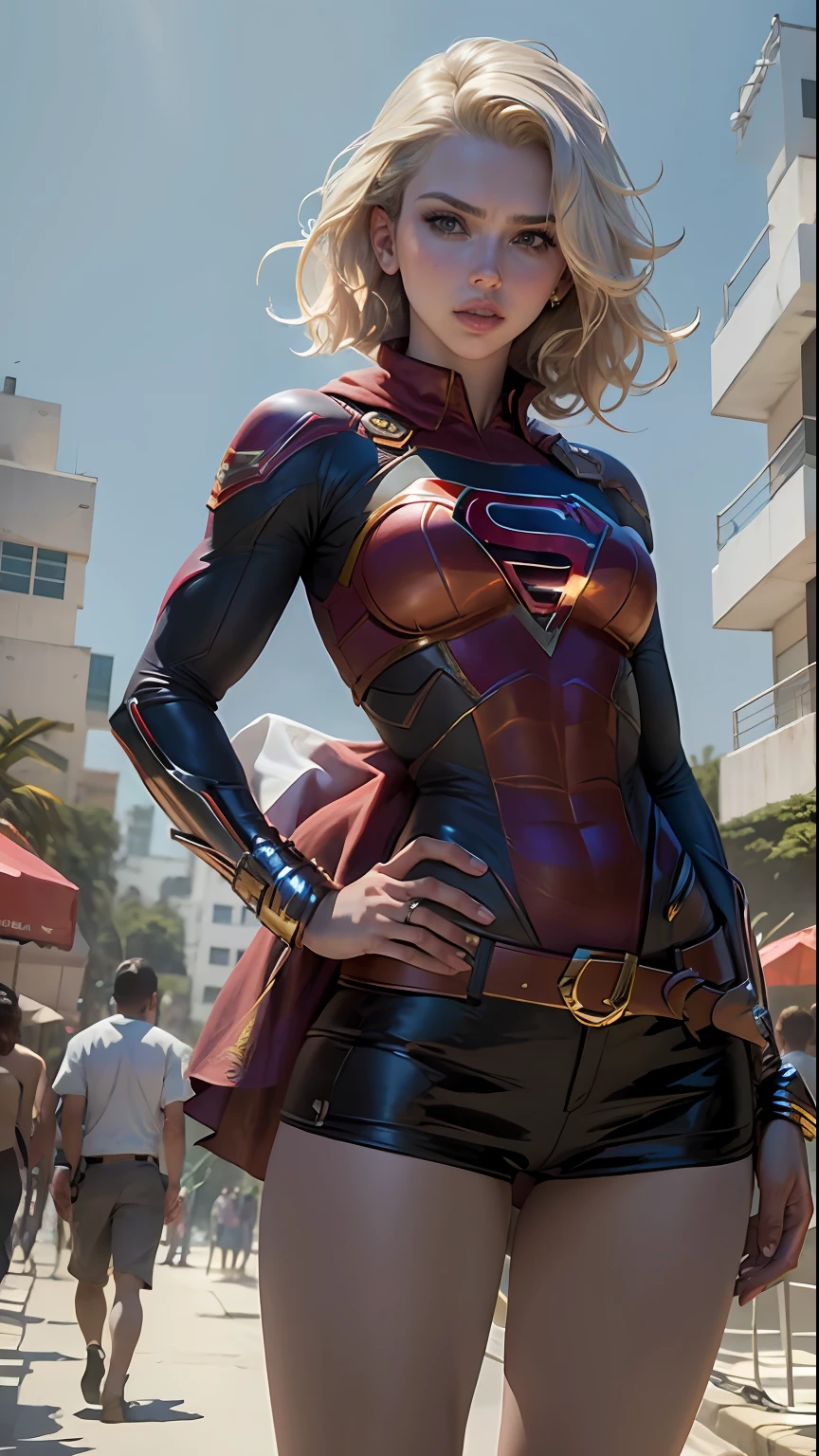 Foto scarlett johansson,  cabelo super longos,  corpo definido, seios grandes, vestindo cosplay de Supergirl, foto com fundo branco, estampa. Imagem para, CHROMA KEY