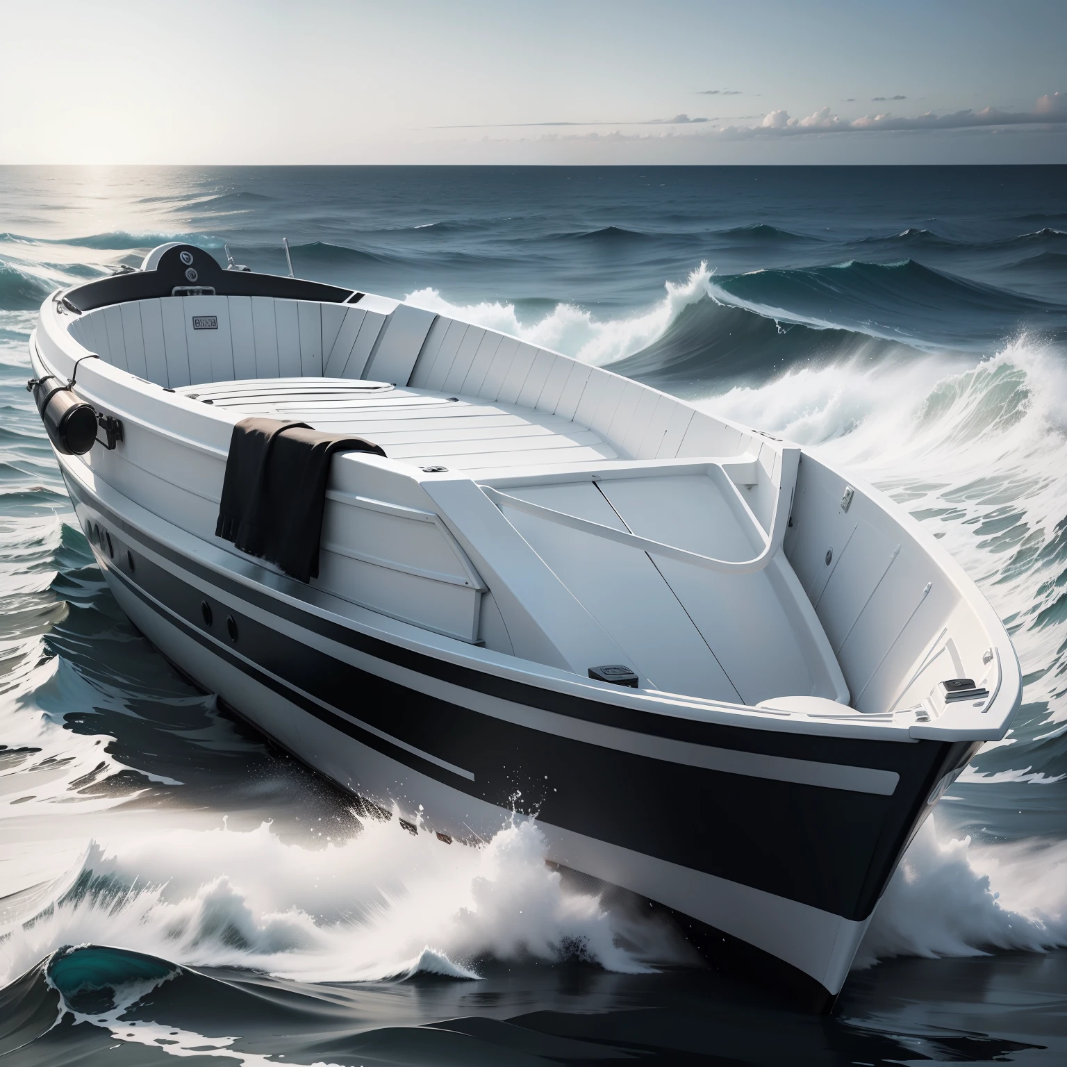White and black seascape with a colored boat, minimalistic, wallpaper