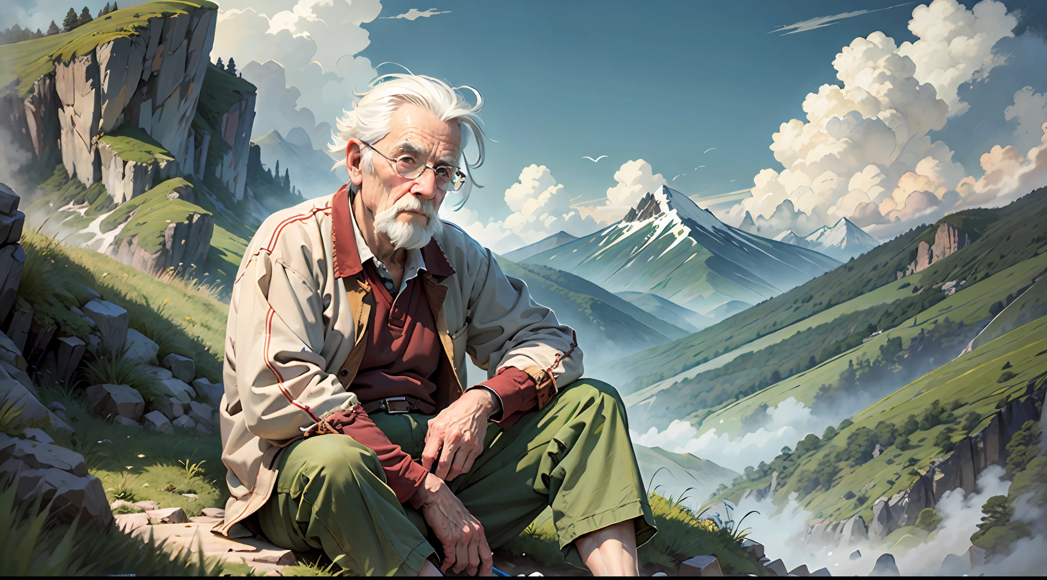 (masterpiece), (best quality), realistic illustration, 1 old man, almost full body, sitting, old clothes, white hair, looking to the side, green mountains, high mountains, beautiful view,