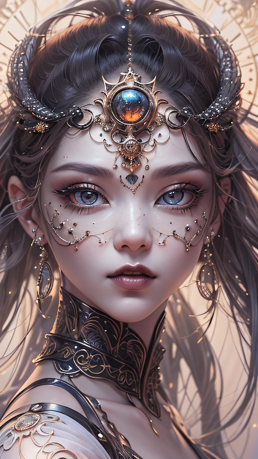 (((Body Portrait)))、（best qualtiy，ultra - detailed，Most Best Illustration，Best Shadow，tmasterpiece，hight resolution，professionalartwork，famousartwork），(Detailed eyes，beautidful eyes)，(Depiction of cleavage)，sci-fy，colored sclera，(((Black and beautiful eyes，Black eyes)))、face markings，tattooed，（fractalized，Fractal Eye），largeeyes，wide eyes，Eye focus，((Details of face))，the eye of the universe，Metal sculpture depiction of woman with moon in hair，goddes。extremely high detail，goddess portrait，Highly detailed footage of the goddess，a stunning portrait of a goddess，Side image of the goddess，portrait of a beautiful goddess，(Full body close-up of goddess)，Goddess of Hecate，portrait of a norse moon goddess，goddess of space and time、((​masterpiece、top-quality、ultra-definition、hight resolution))、4K picture quality、(Extraordinary Beauty)、
