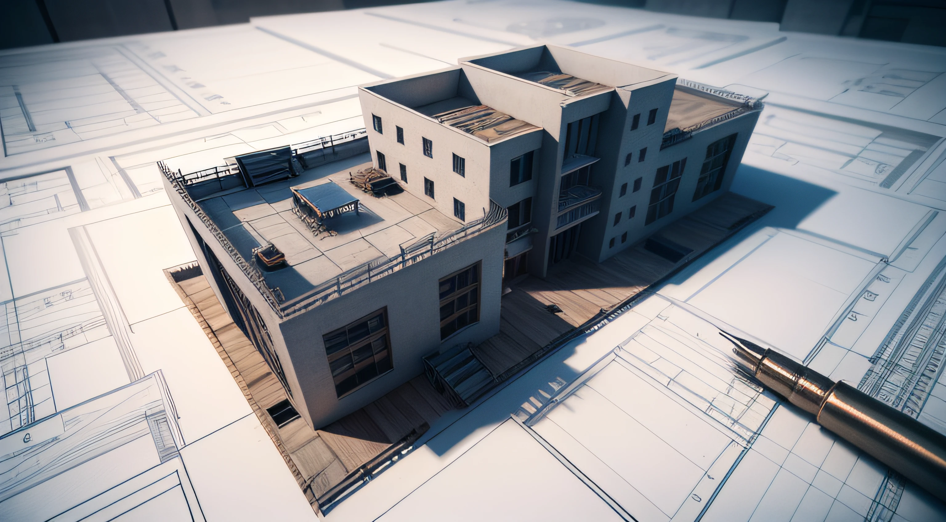 Concept of construction and design. 3d render of blueprints and