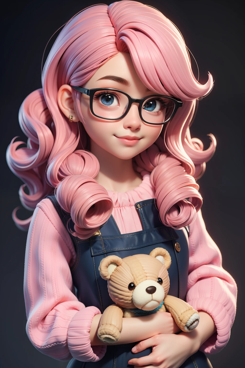 masterpiece, best quality, 3d rending work, 3DMM style, close-up, portrait, 3d, 1girl, solo, looking forward, wearing prescription glasses, sweet expression, happy, holding an amigurumi teddy bear, black skin, medium size type 3C hair, pink pastel colors, realistic, upper body, simple background, looking away, separated lips, curly hair