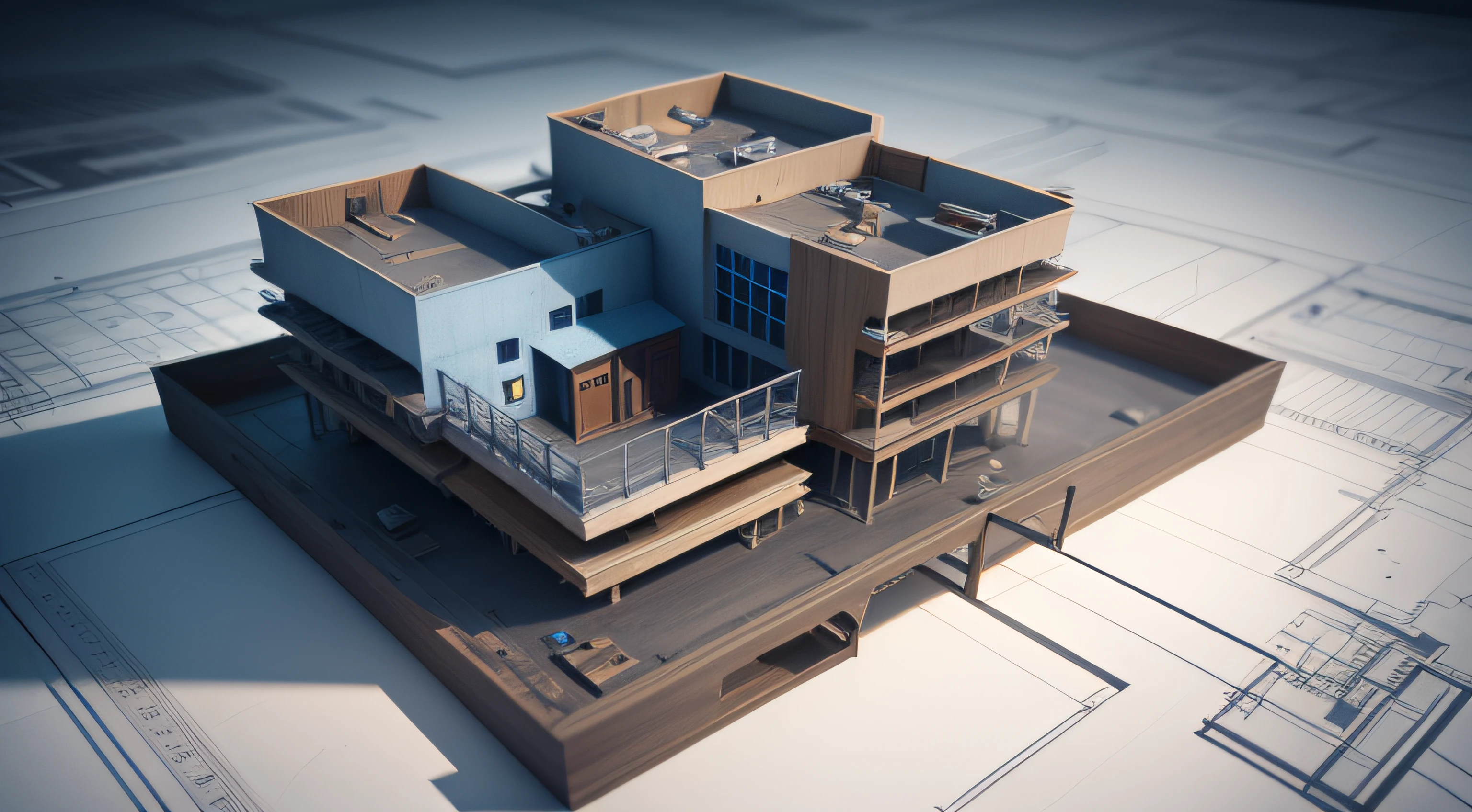 Concept of construction and design. 3d render of blueprints and