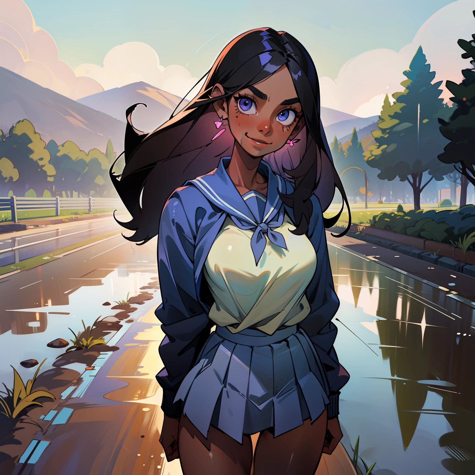 1 woman, older woman, smiling, pretty face, pretty body, dark skin, different eyes, nose, ear, eyebrow, big straight hair, sexy school clothes, wet clothes, thin waist, thick legs, big thigh, background scenery , wet dirt road, ground, interior, beautiful day, lighting