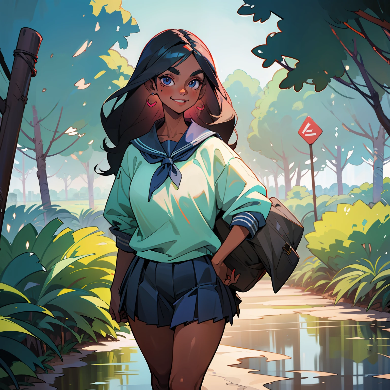 1 woman, older woman, smiling, pretty face, pretty body, dark skin, different eyes, nose, ear, eyebrow, big straight hair, sexy school clothes, wet clothes, thin waist, thick legs, big thigh, background scenery , wet dirt road, ground, interior, beautiful day, lighting