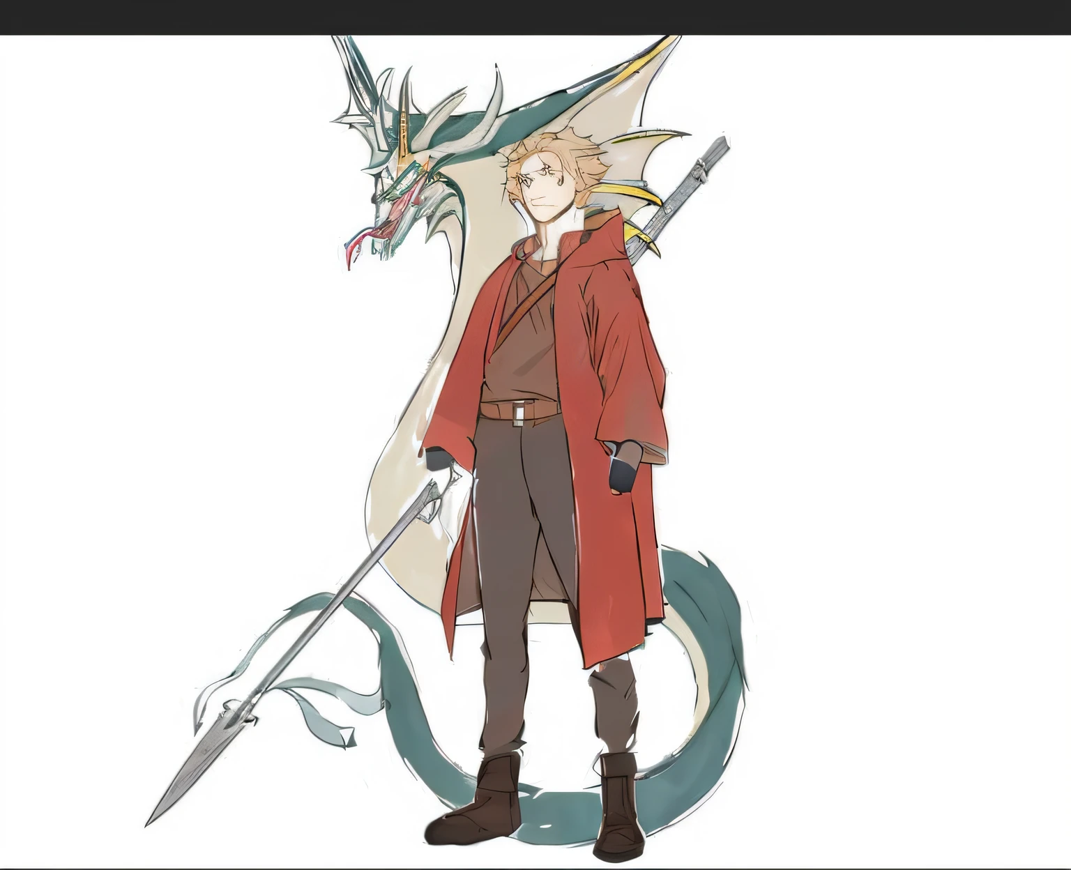 Anime character with sword and dragon standing next to the dragon in a red coat, human and dragon fusion, but as an anthropomorphic dragon, elric of melnibone, final fantasy tactics character, as an anthropomorphic dragon, Dragon in the background, full body dragon concept, anime in fantasy style, From cryptid academia, best anime character design