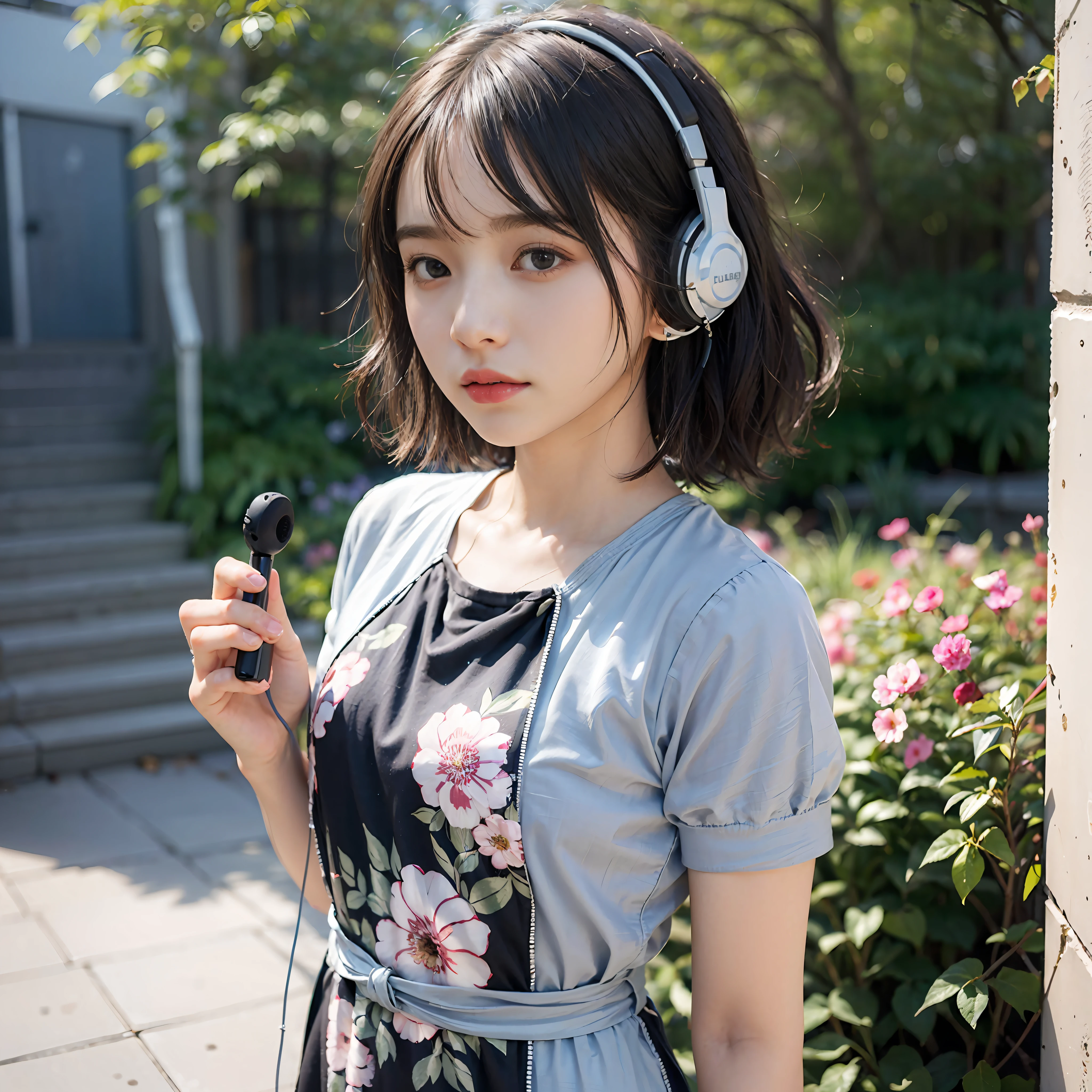 Best Quality, masutepiece, (Photorealistic:2), Ultra High Resolution, Highly detailed, A hyper-realistic, 1girl in, ((head phone)), (Longer dress), Floral pattern, colourfull_hair、(((very_Short_hair))), Short hair, Slim body, Full Shot, Looking at Viewer, ((Music Studio)), Bright atmosphere, spot light, Detailed background