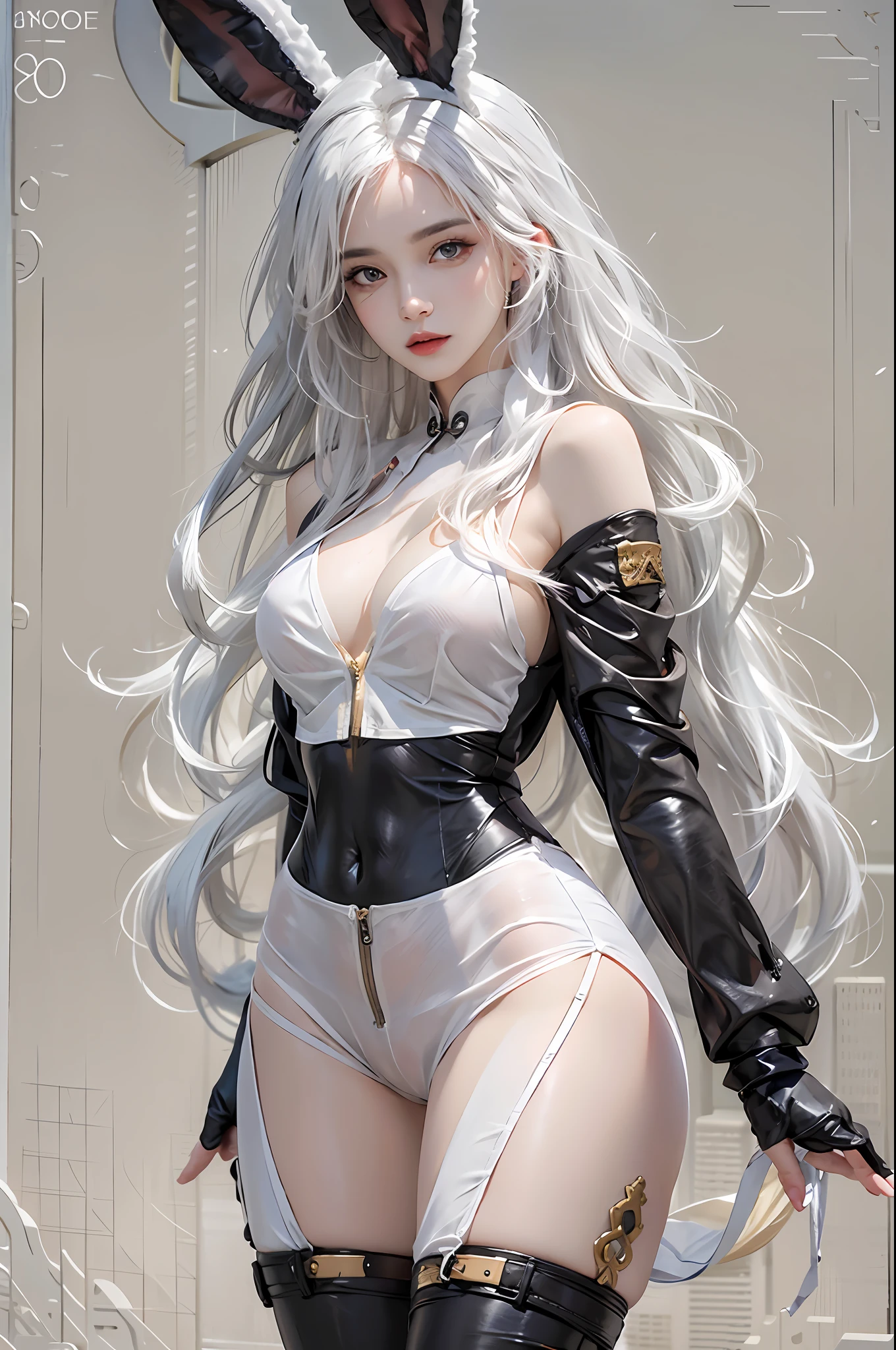 photorealistic, high resolution, 1women, solo, hips up, look at viewer, (detailed face), white hair, long hair, black reverse bunnysuit