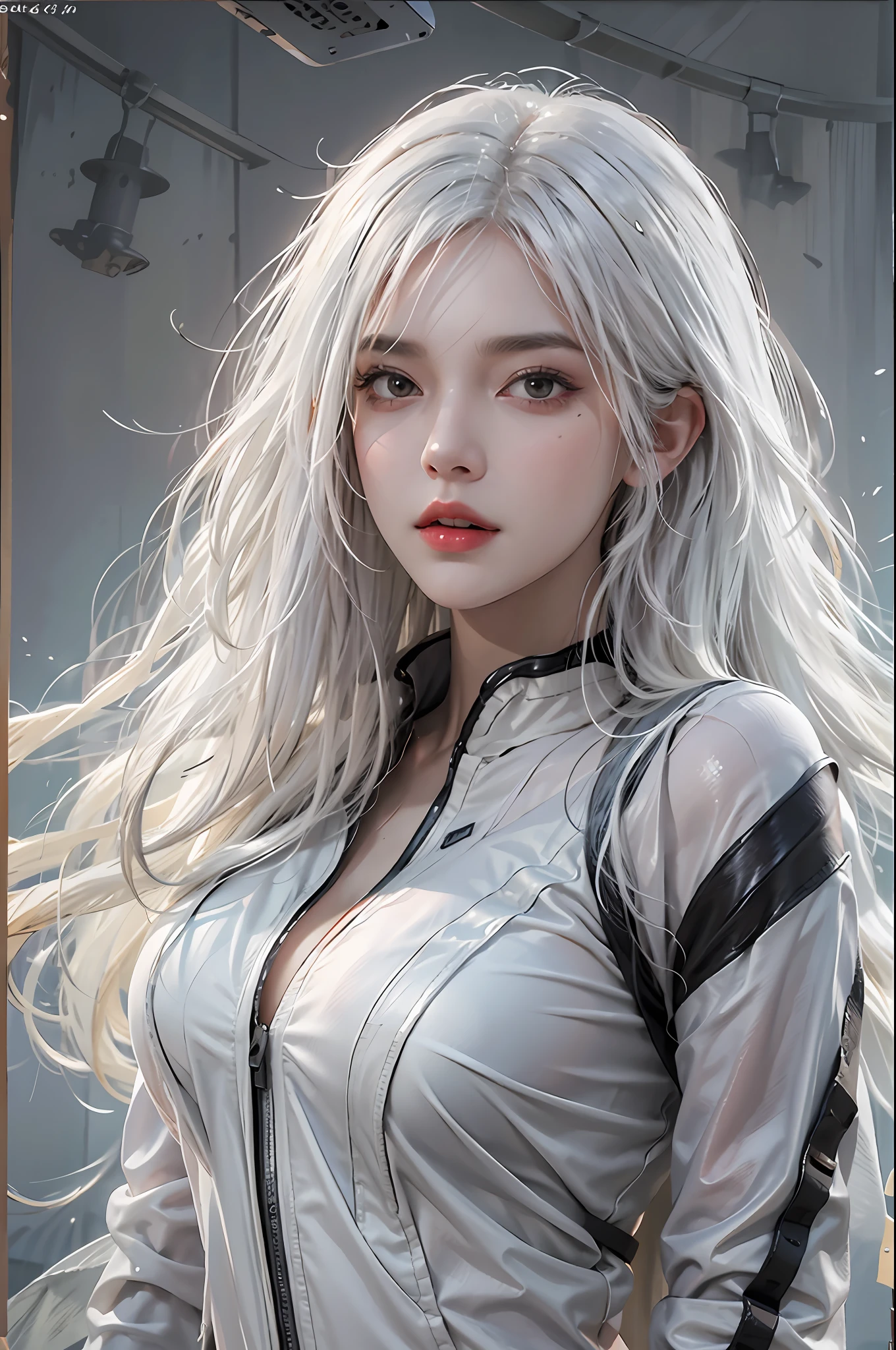 photorealistic, high resolution, 1women, solo, hips up, look at viewer, (detailed face), white hair, long hair, black reverse bunnysuit