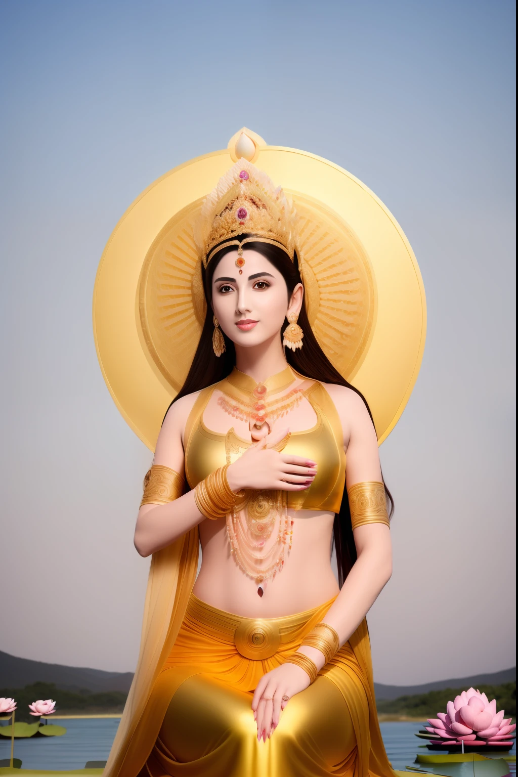 There is a beautiful goddess standing on a large lotus flower in the void，Perfect body posture，（Long curved eyebrows），Beautiful eyes sparkle，The large, Jewel-like eyes sparkle，Clear pupils have reflected light，二重まぶた，Lying silkworm，（（Plump and rosy lips））Nipples clearly visible，（（Flushed cheeks）），The mandible is plump，Fair skin is delicate and smooth，Delicate skin translucent，A delicate and dexterous crown，inlaid gemstones，Exquisite and ingenious，inlaid gemstones，Sitting on a light red lotus in the air，look straight at the camera，（（Pinch the stem of the lotus flower with one hand）），(((nice hand)))，（（（（Good feet））），（（（good legs））），realisticlying，white skinned，（（Correct body structure）），White clothing，decorated in white，baiyun，Blue sky，Head background with round light，Behind him is a colorful rainbow circle，Color glow is turned on，Front lighting，Positive light，No shadows on the face，There are no shadows on the body，Blue sky，Unreal space，ethereal world，dreamworld，with blue sky and white clouds，tmasterpiece，4K，ultra-definition，professional photoshooting，Perspective looks up，Standard lens shooting，