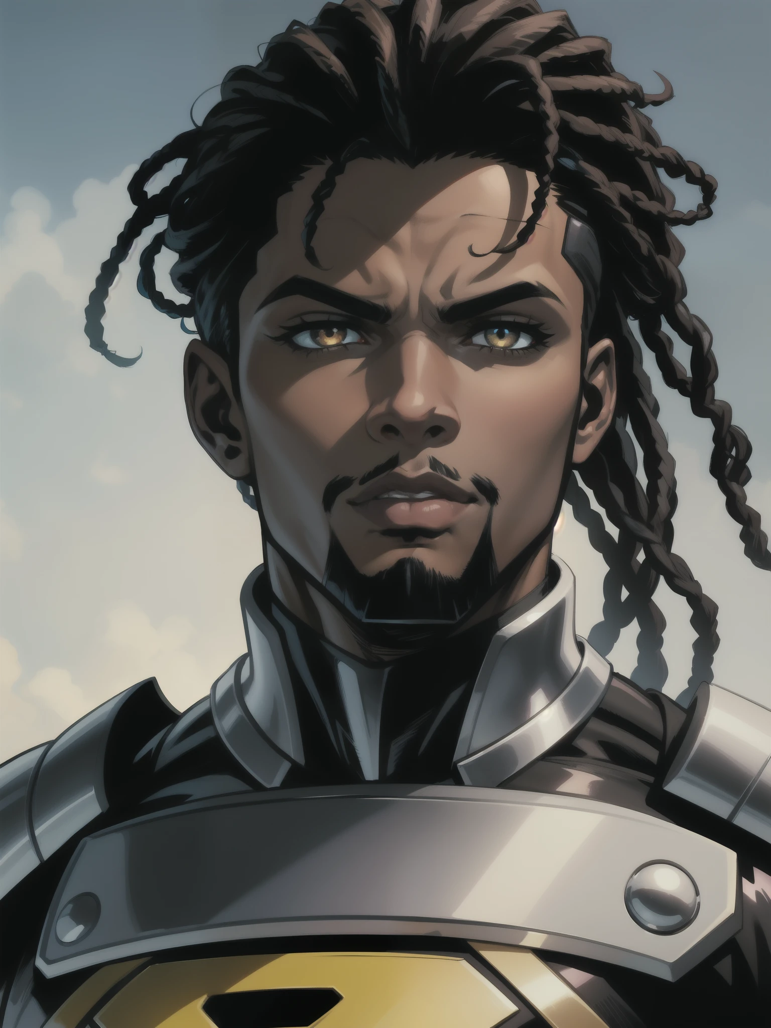 Portrait, Masterpiece, Excellent, 1boy, solo, complex details, color diffusion, comic book, anime, Marvel, DC, close-up, King, dark skin, ebony, brown skin, dark-skinned male, older male, dark hair, black hair, dreadlocks, beard, amber eyes, feline ears, epic attire, black attire, Knight, badass, trending, demon lord, anti-hero, royalty