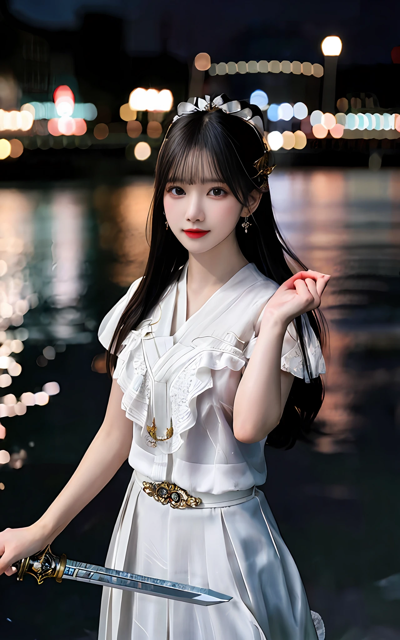 (realisticity: 1.2), best quality, masterpiece, highres, cg,
1girl, weapon, sword, long hair, dress, water, solo, jewelry, white dress, earrings, hair ornament, splashing, upper body super realistis, hair bun, black hair, city bacgraun realistis,
lighting,candid, Photograph, high resolution, 4k, 8k, Bokeh,