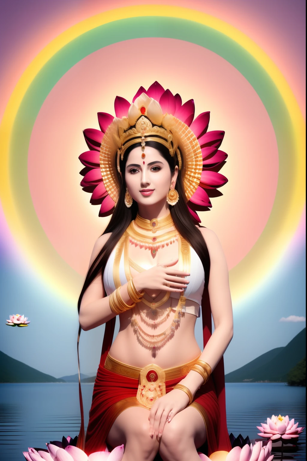 There is a beautiful goddess standing on a large lotus flower in the void，Perfect body posture，（Long curved eyebrows），Beautiful eyes sparkle，The large, Jewel-like eyes sparkle，Clear pupils have reflected light，二重まぶた，Lying silkworm，（（Plump and rosy lips））Nipples clearly visible，（（Flushed cheeks）），The mandible is plump，Fair skin is delicate and smooth，Delicate skin translucent，A delicate and dexterous crown，inlaid gemstones，Exquisite and ingenious，inlaid gemstones，Sitting on a light red lotus in the air，look straight at the camera，（（Pinch the stem of the lotus flower with one hand）），(((nice hand)))，（（（（Good feet））），（（（good legs））），realisticlying，white skinned，（（Correct body structure）），White clothing，decorated in white，baiyun，Blue sky，Head background with round light，Behind him is a colorful rainbow circle，Color glow is turned on，Front lighting，Positive light，No shadows on the face，There are no shadows on the body，Blue sky，Unreal space，ethereal world，dreamworld，with blue sky and white clouds，tmasterpiece，4K，ultra-definition，professional photoshooting，Perspective looks up，Standard lens shooting，