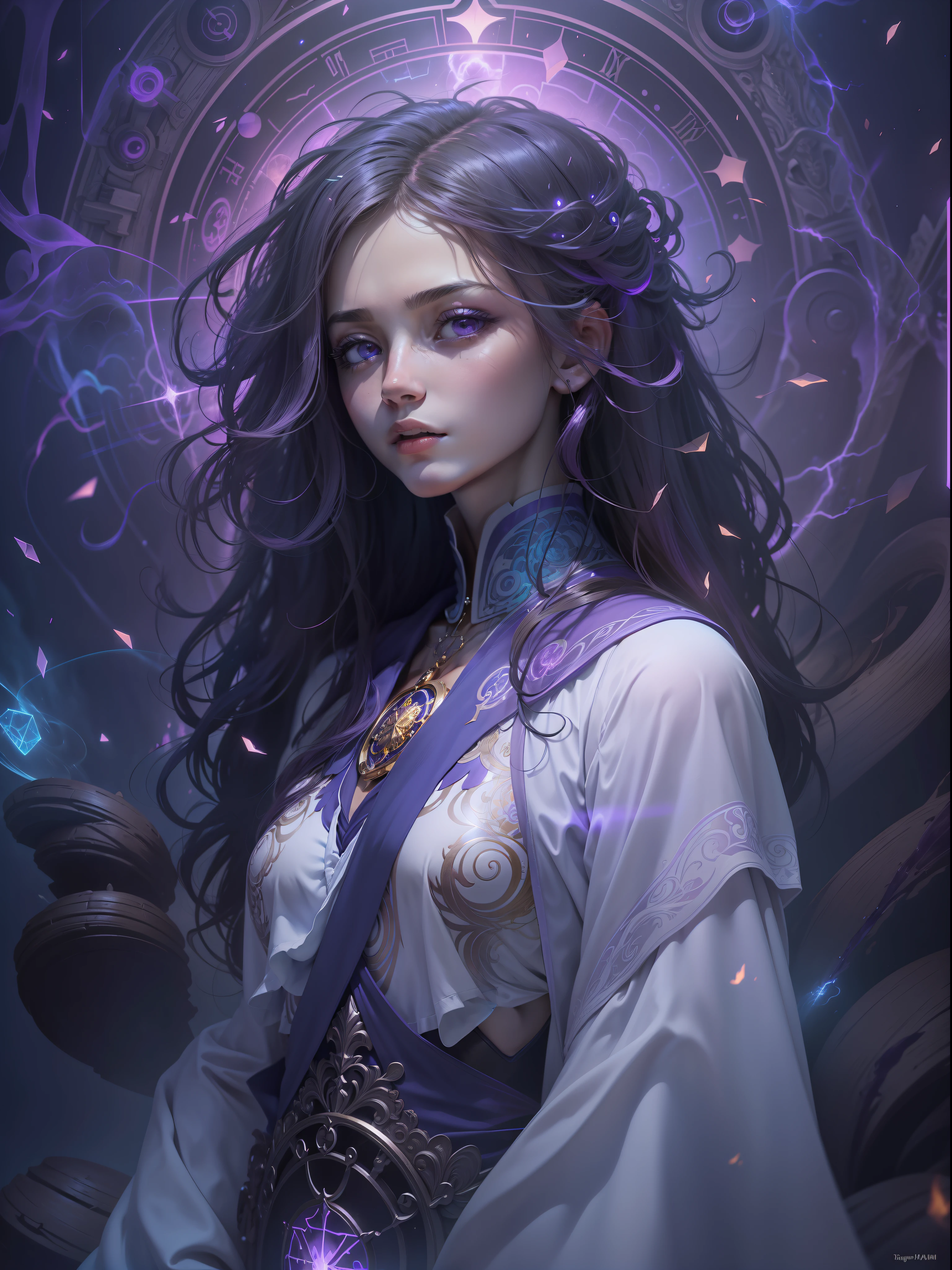 Picture quality:A masterpiece of high detail,8K,High resolution Body content:1girll,16 yaers old,Full body position, Broad perspectives,wears a long robe,Glowing hair,long leges,A stunned and confused expression on his face,The purple magic wheel unfolded behind it,Behind him is the mysterious oversized purple chakra purple light,Countless glowing quicksand swirled around this figure,Mysterious top light,The feeling of being high,Background with:A dazzling paradise,enviroment:fanciful,Full of mystery,Buddha is filled with purple light,utopian,Bask in the breath of chaos,Hopeful,Divine piety,mystical ambiance:Mysterious and unknowable sense of light,Intense violet light,Magic beam,The fantasy of the future world is intertwined with reality,Color:Infused with ethereal hues and luminous purple hues,White-blue,High purity color, composition:closeup cleavage,closeup of face, Style reference:Virtual Engine,The magical texture of a spooky spark,Chaotic real world