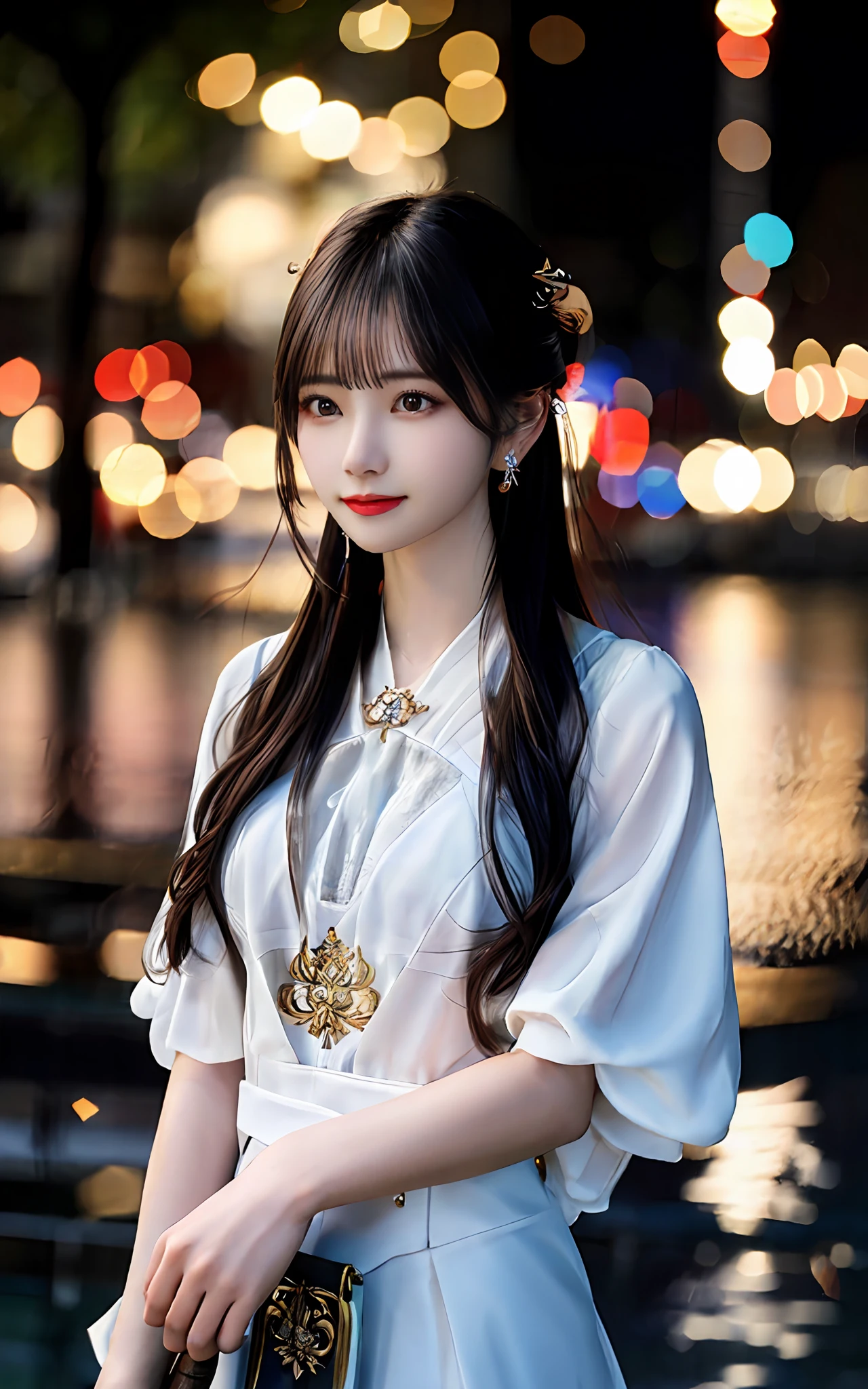 (realisticity: 1.2), best quality, masterpiece, highres, cg,
1girl, weapon, sword, long hair, dress, water, solo, jewelry, white dress, earrings, hair ornament, splashing, upper body super realistis, hair bun, black hair, city bacgraun realistis,
lighting,candid, Photograph, high resolution, 4k, 8k, Bokeh,